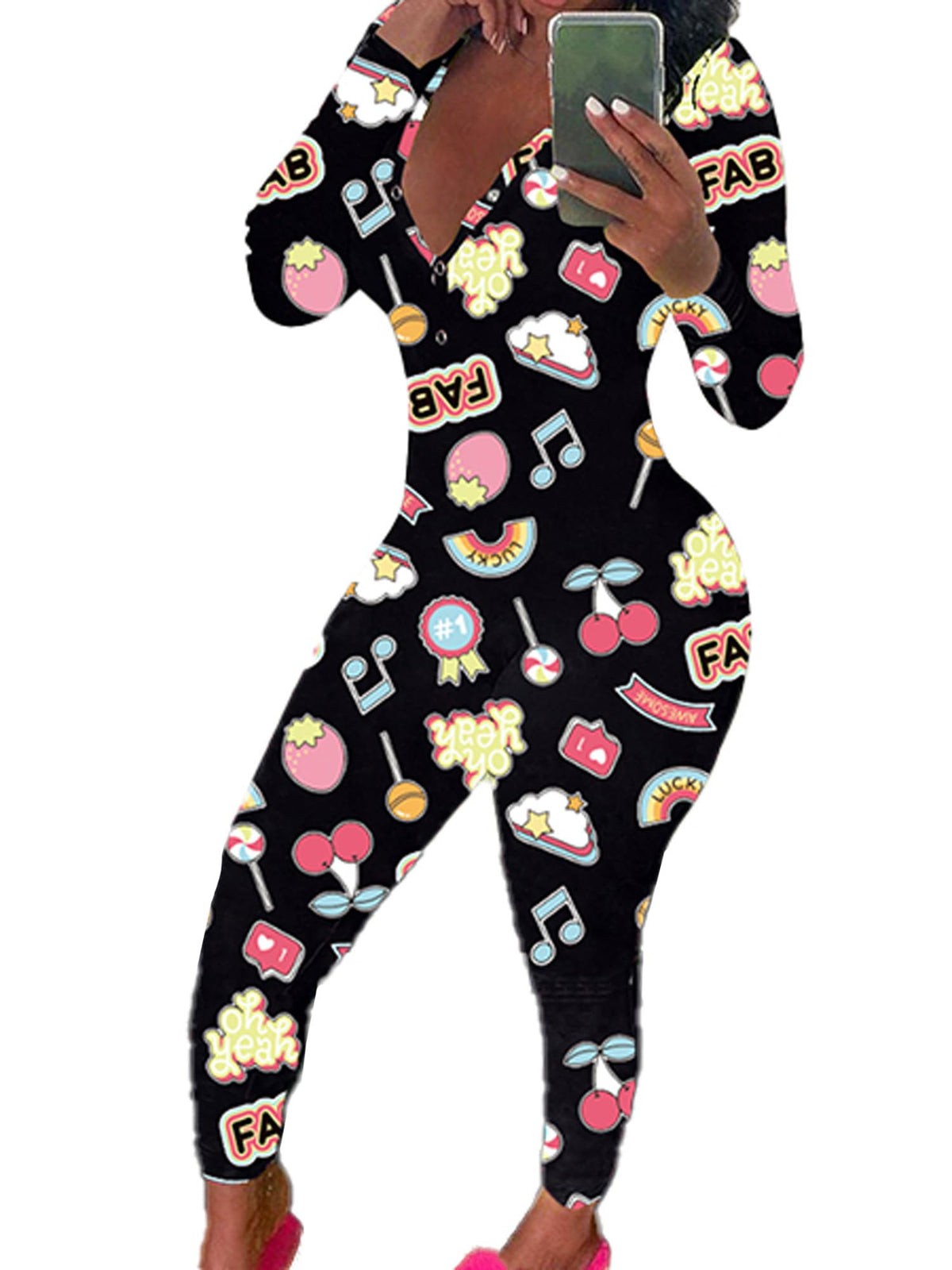 Womens Long Sleeve Button Down One Piece V Neck Bodycon Jumpsuit Pajamas