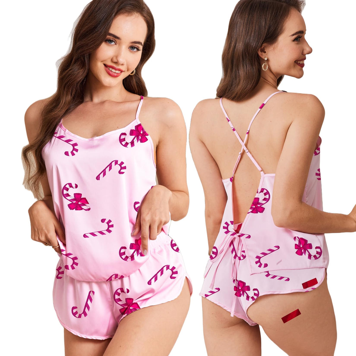Ekouaer Silk Pajamas Set for Women Satin Backless Lingerie Pjs Cami Top and Shorts Nightwear