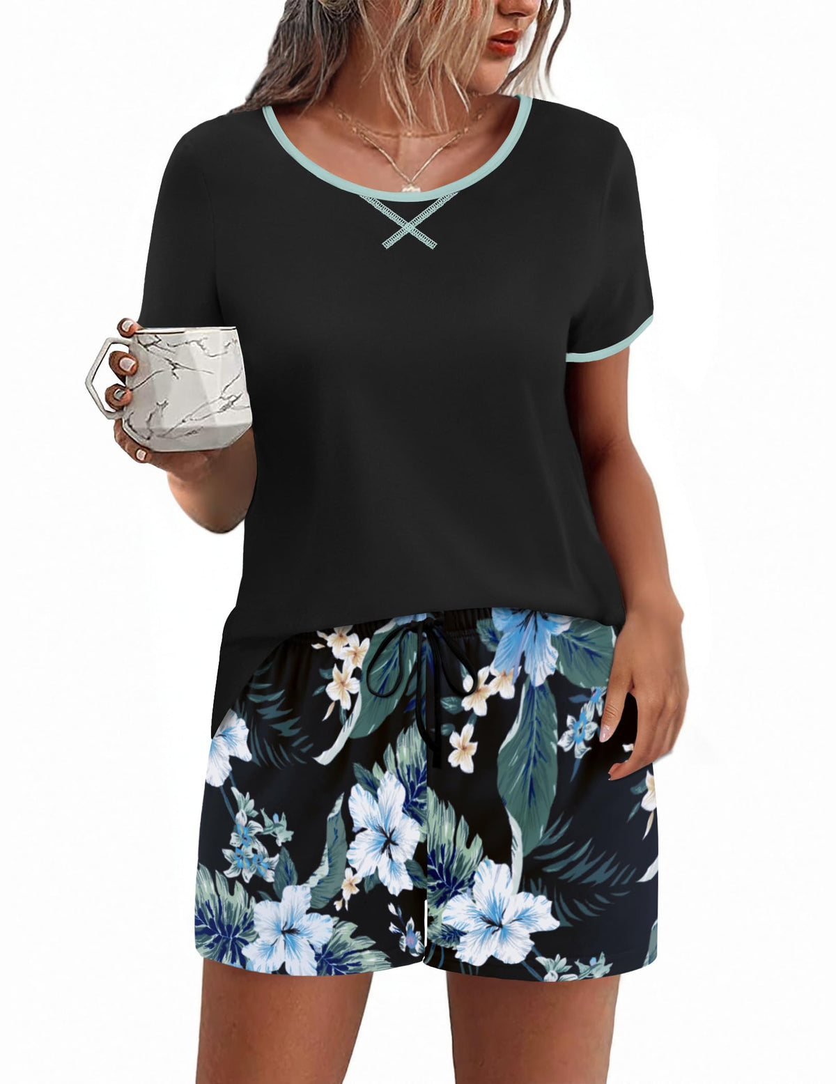 Ekouaer Women Pajama Set Casual Shorts Sets Short Leeve Lounge Set