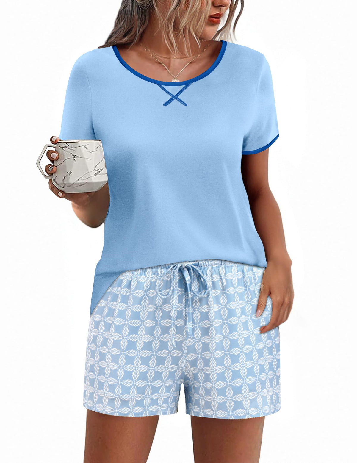 Ekouaer Women Pajama Set Casual Shorts Sets Short Leeve Lounge Set