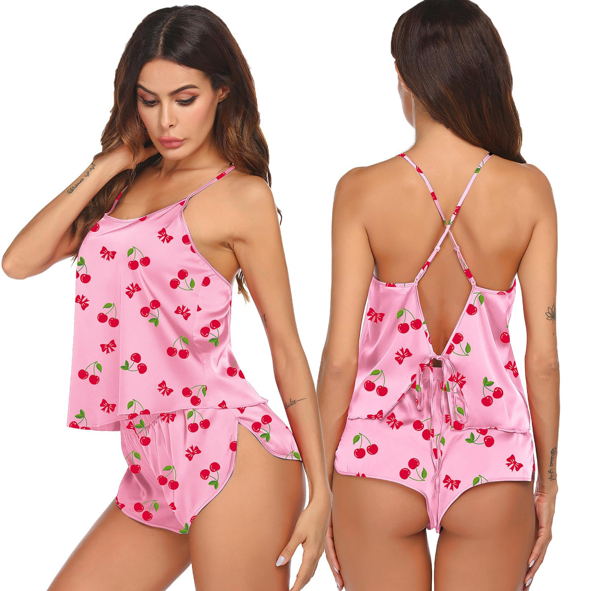 Ekouaer Silk Pajamas Set for Women Satin Backless Lingerie Pjs Cami Top and Shorts Nightwear