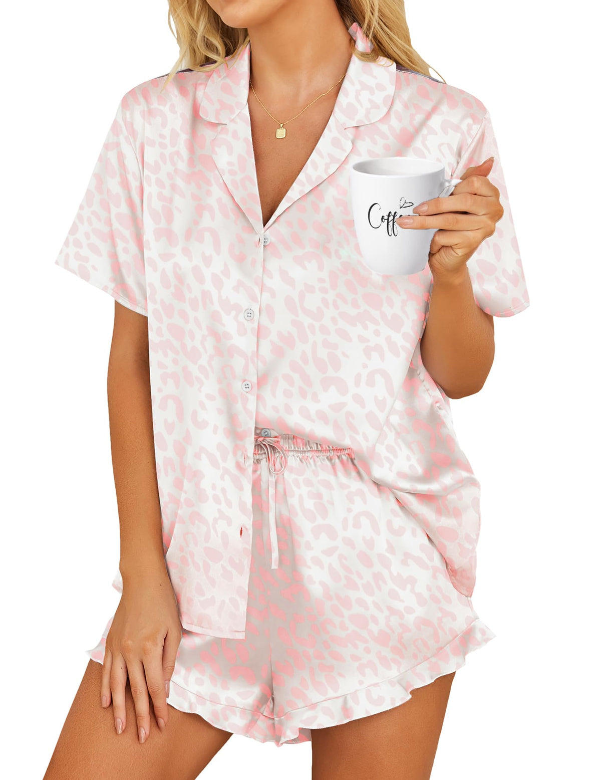 HOTOUCH Womens Satin Pajamas Set Button Down 2 Piece Ruffle Shorts Set