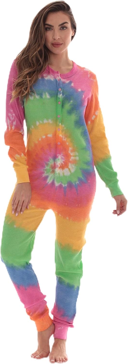 #followme Womens Henley Thermal Onesie Buffalo Plaid and Tie Dye
