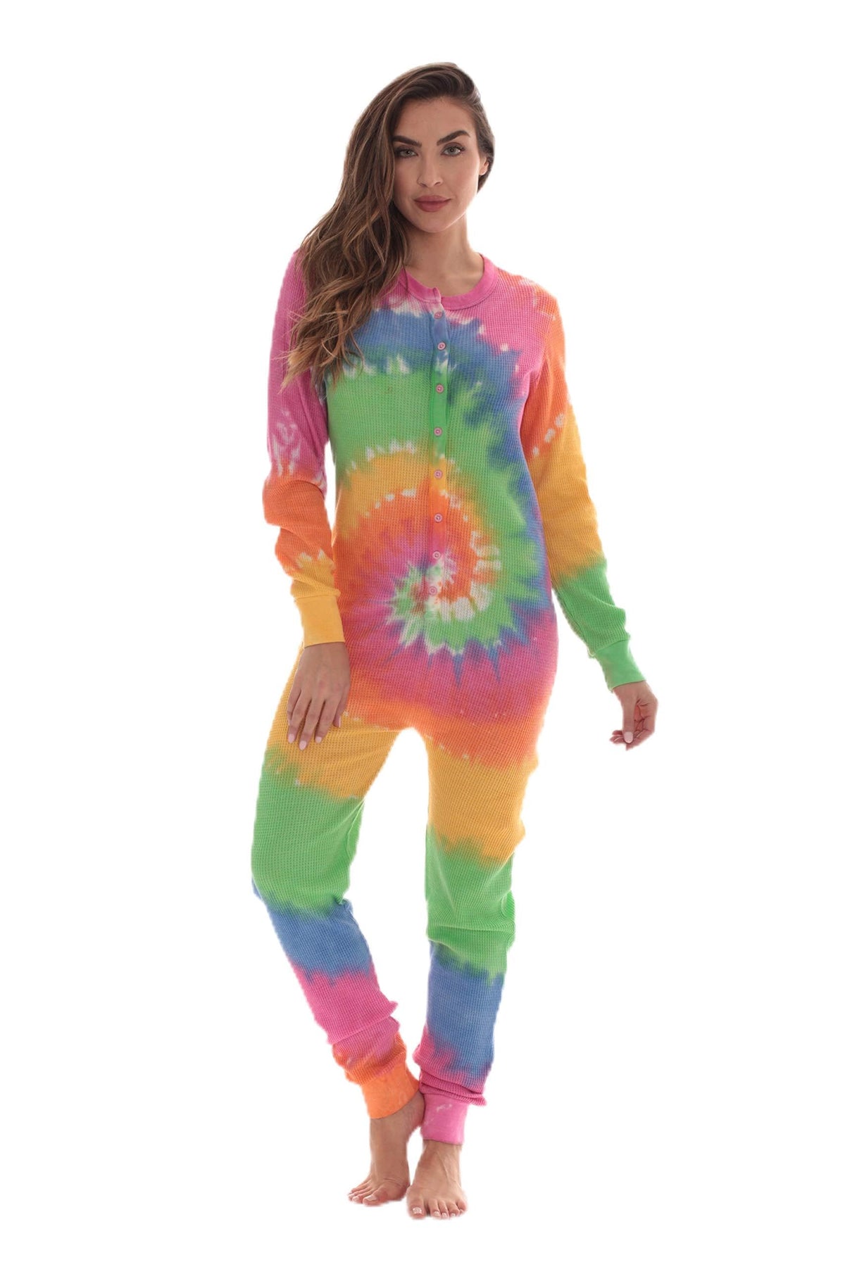 #followme Womens Henley Thermal Onesie Buffalo Plaid and Tie Dye