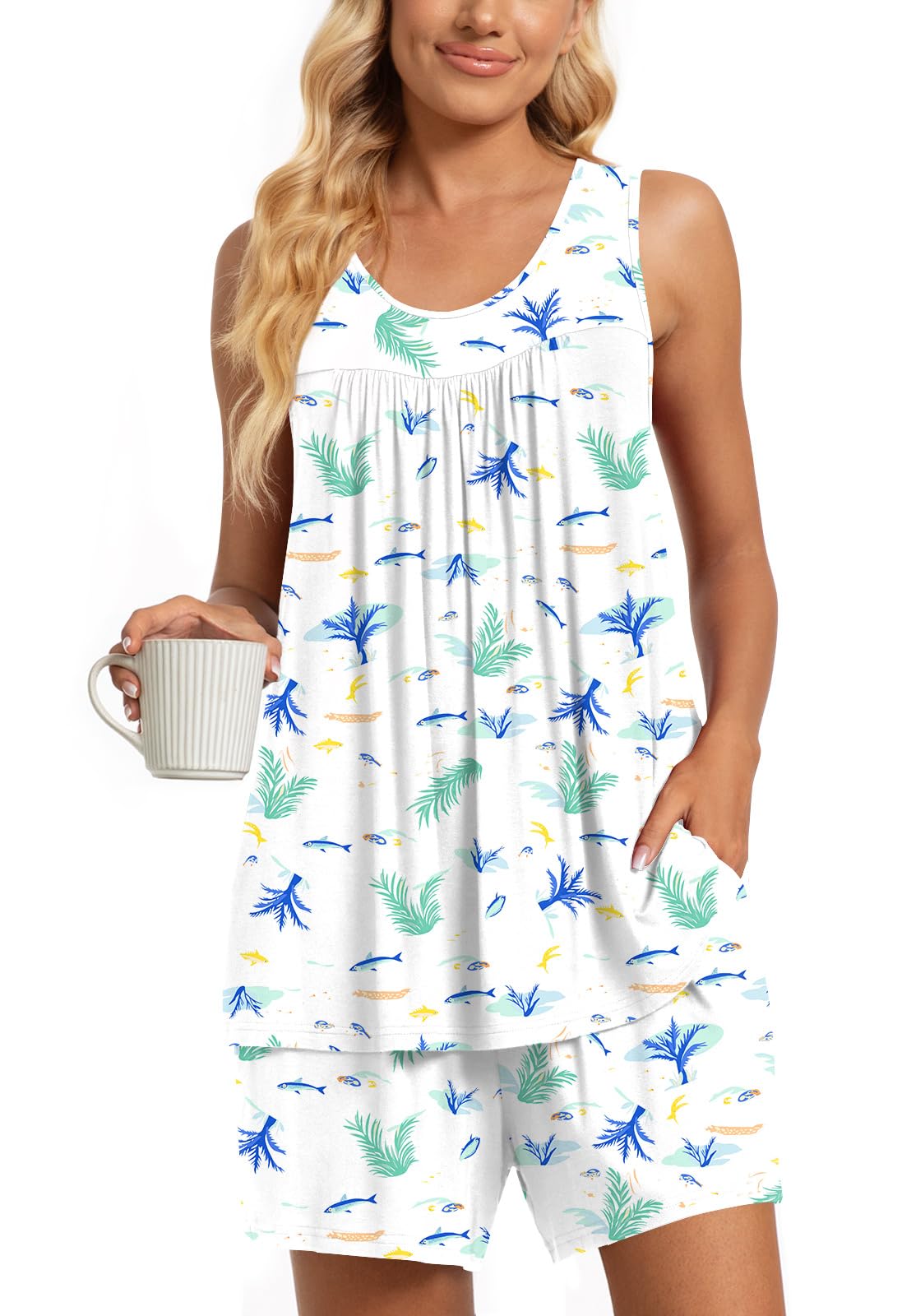 TAOHUADAO 2 Piece Women's Sleeveless Pajama Sets, Lounge Sleepwear Ladies Pjs Sets with Pockets