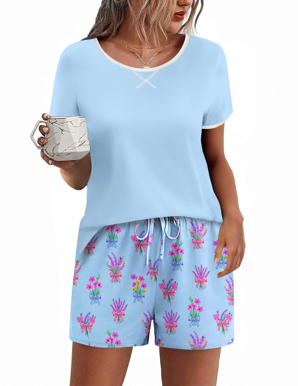 Ekouaer Women Pajama Set Casual Shorts Sets Short Leeve Lounge Set