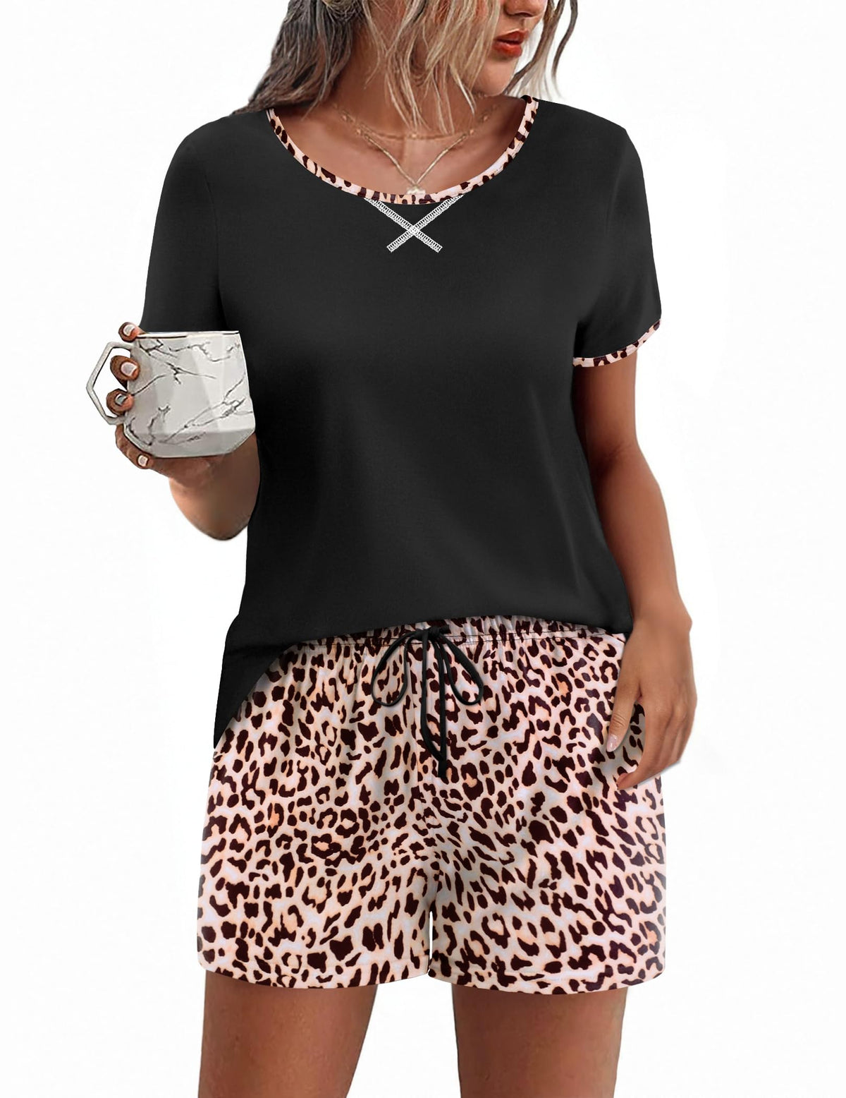 Ekouaer Women Pajama Set Casual Shorts Sets Short Leeve Lounge Set
