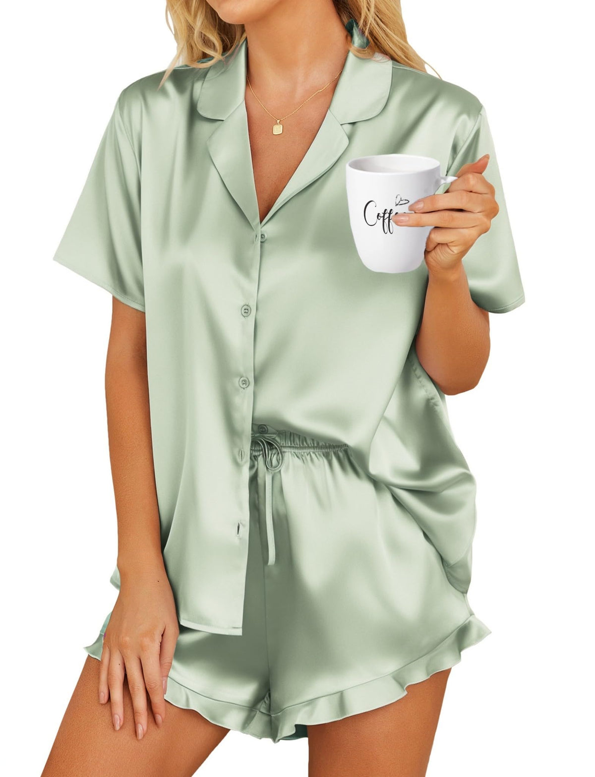 HOTOUCH Womens Satin Pajamas Set Button Down 2 Piece Ruffle Shorts Set