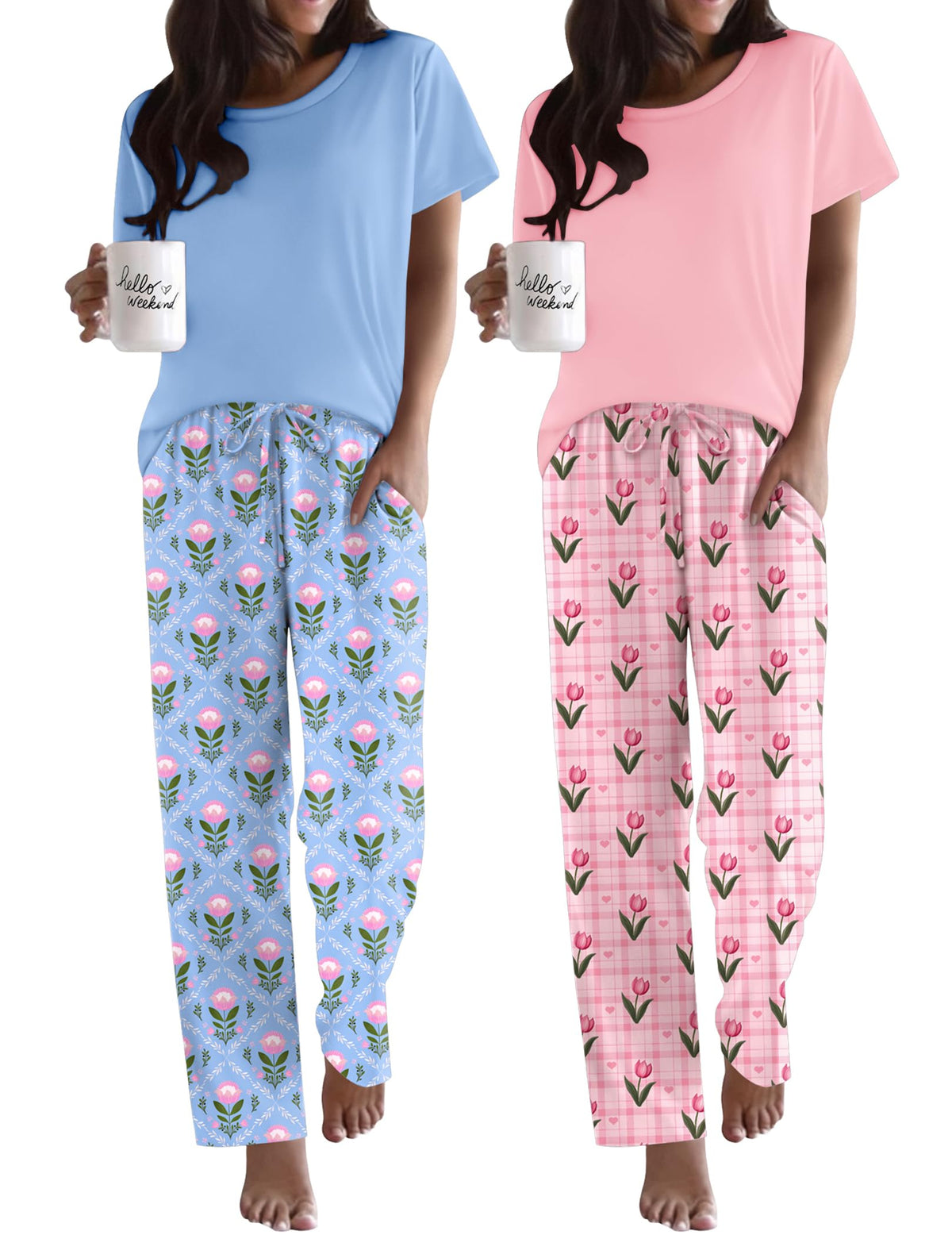 Ekouaer 2 Pack Womens Pajama Set Short Sleeve Top and Printed Pants Soft Pj