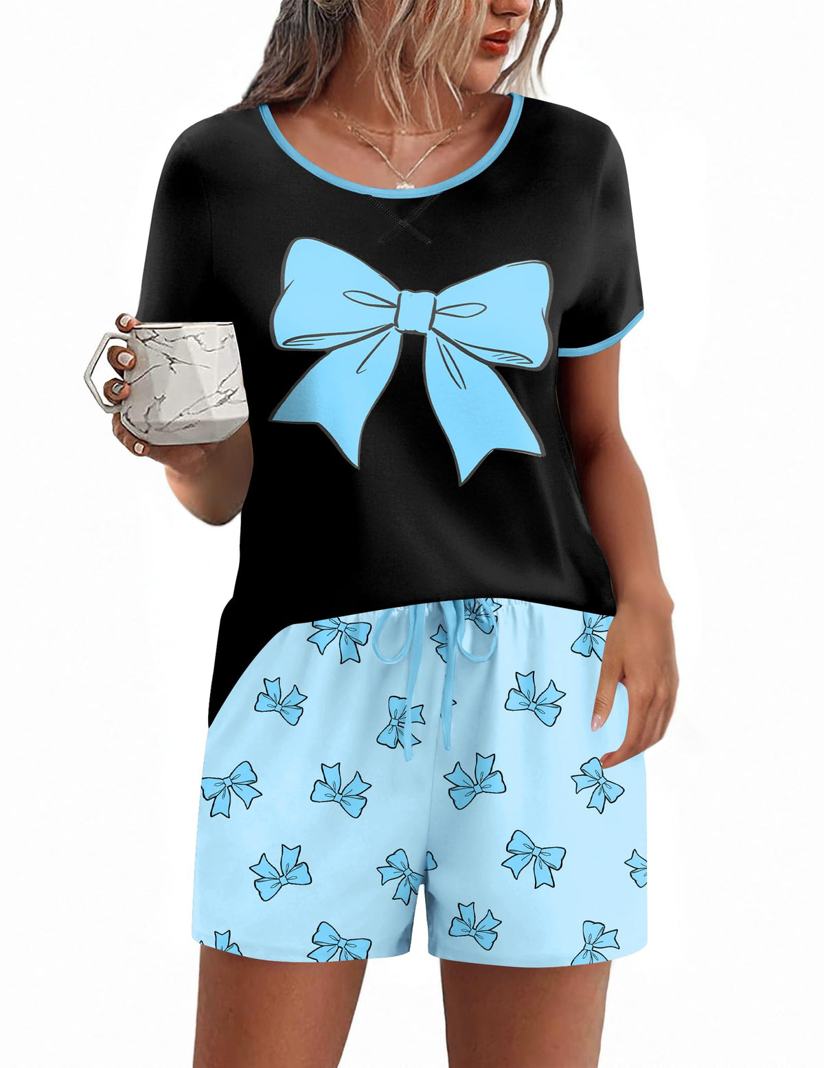 Ekouaer Women Pajama Set Casual Shorts Sets Short Leeve Lounge Set
