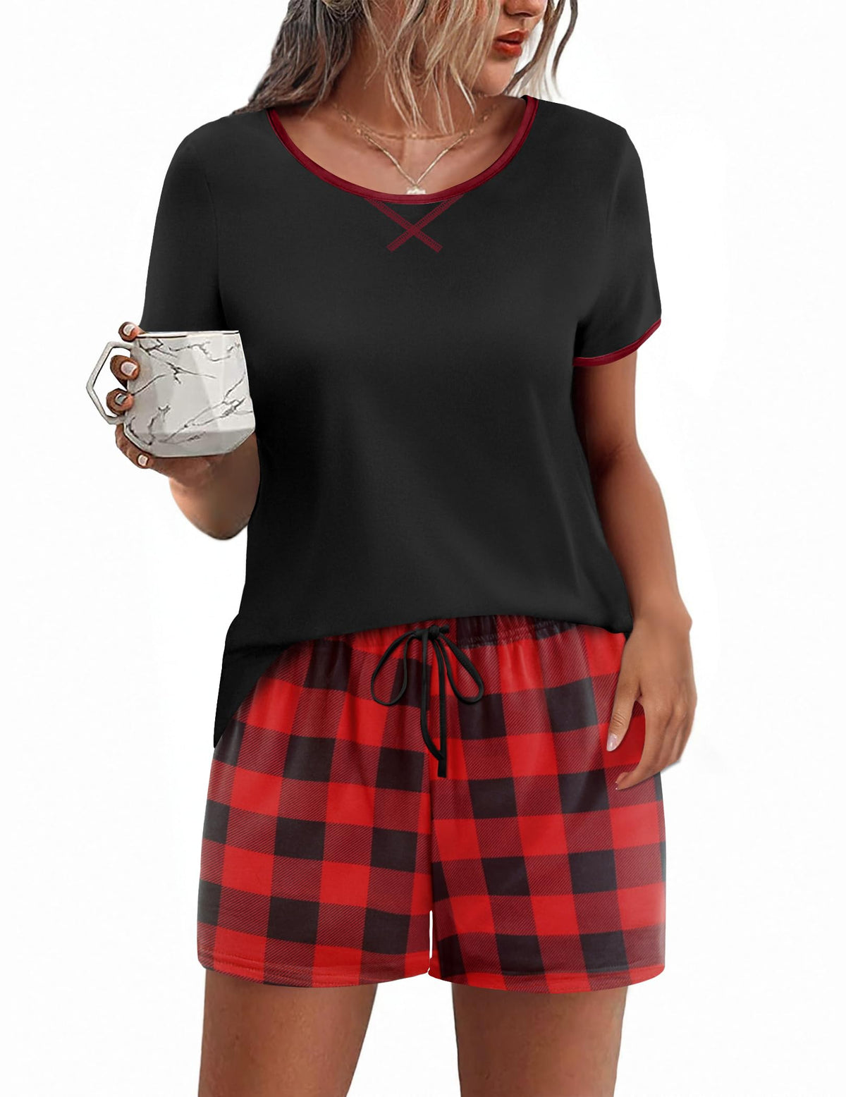 Ekouaer Women Pajama Set Casual Shorts Sets Short Leeve Lounge Set