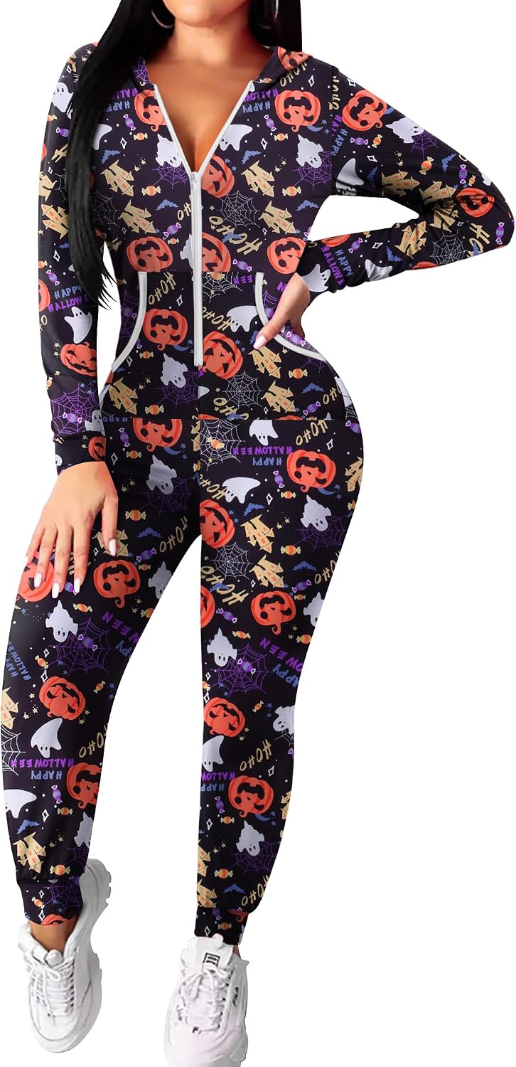 Ekouaer Halloween Onesie for Women Hooded Jumpsuit Sexy One Piece Pajamas