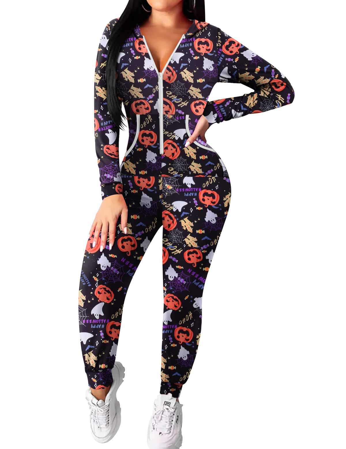 Ekouaer Halloween Onesie for Women Hooded Jumpsuit Sexy One Piece Pajamas