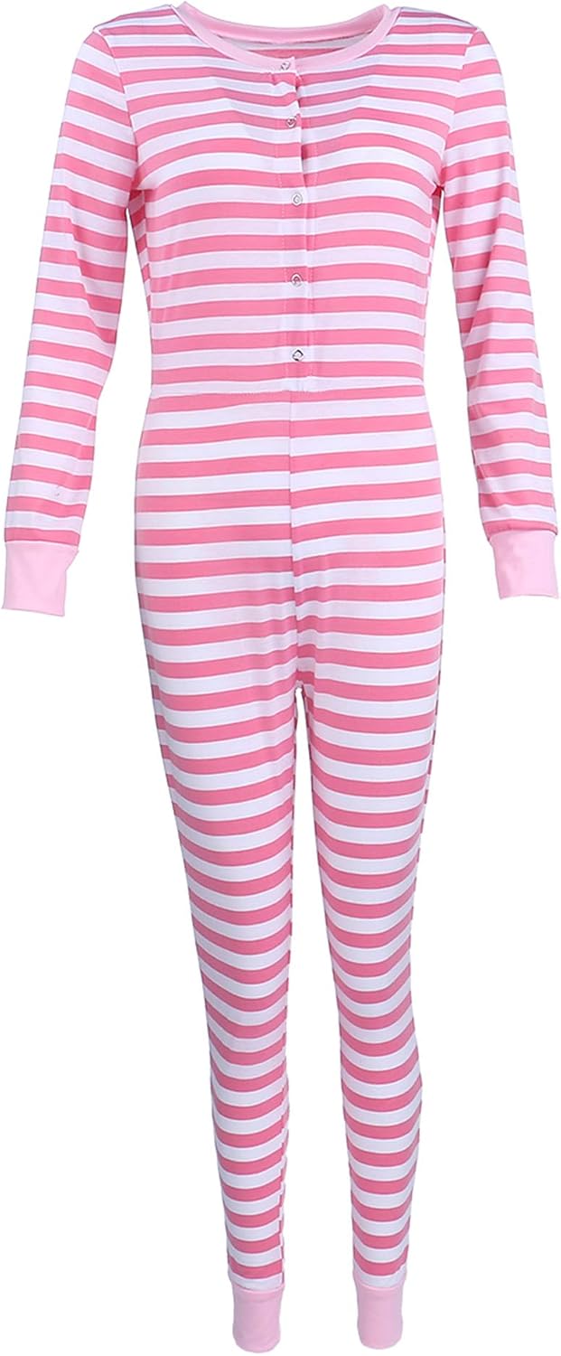 Women Christmas Button V-Neck Jumpsuit Long Sleeve Bodycon Pajama Sleepwear
