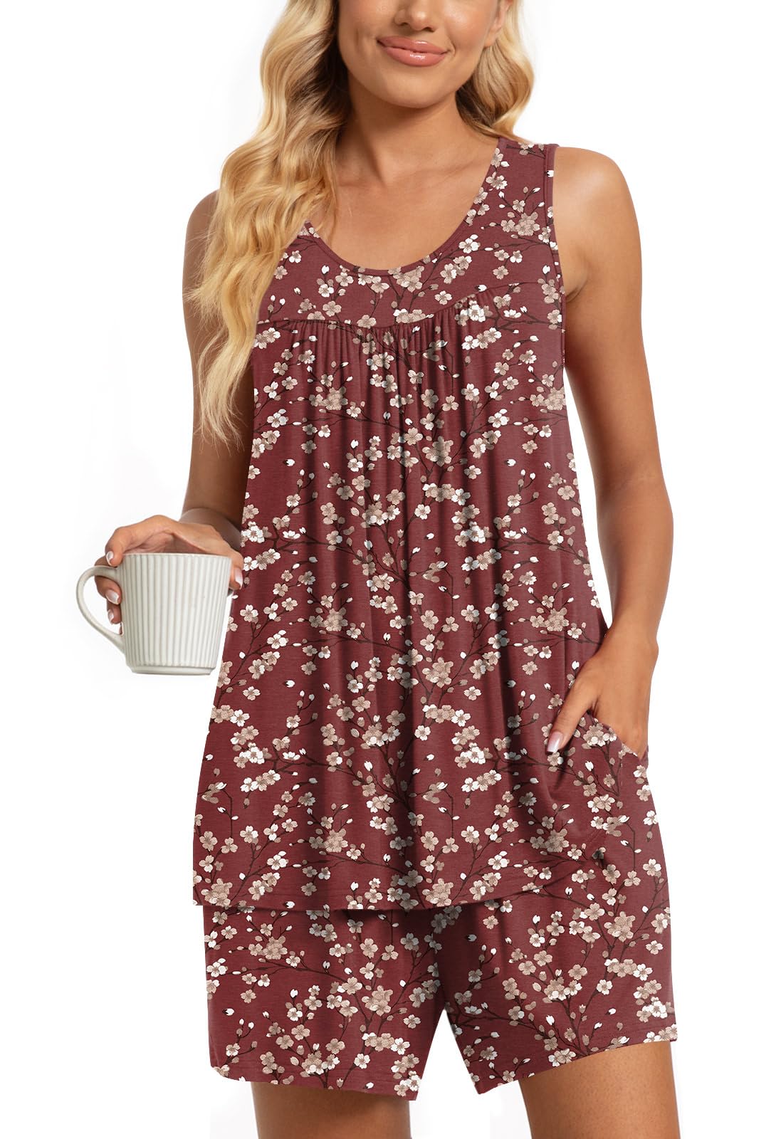 TAOHUADAO 2 Piece Women's Sleeveless Pajama Sets, Lounge Sleepwear Ladies Pjs Sets with Pockets
