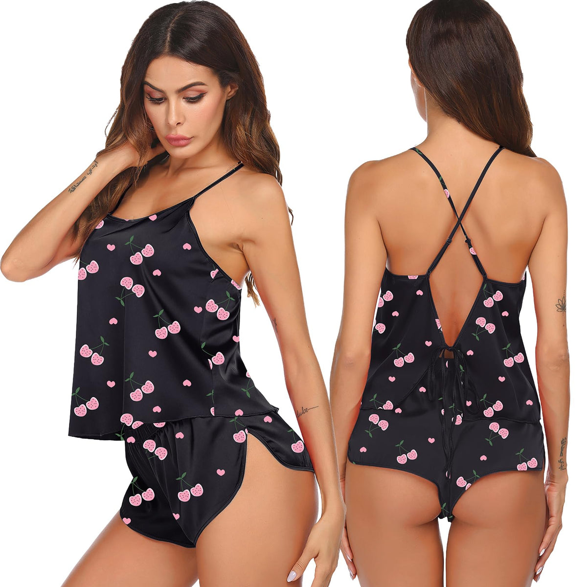 Ekouaer Silk Pajamas Set for Women Satin Backless Lingerie Pjs Cami Top and Shorts Nightwear