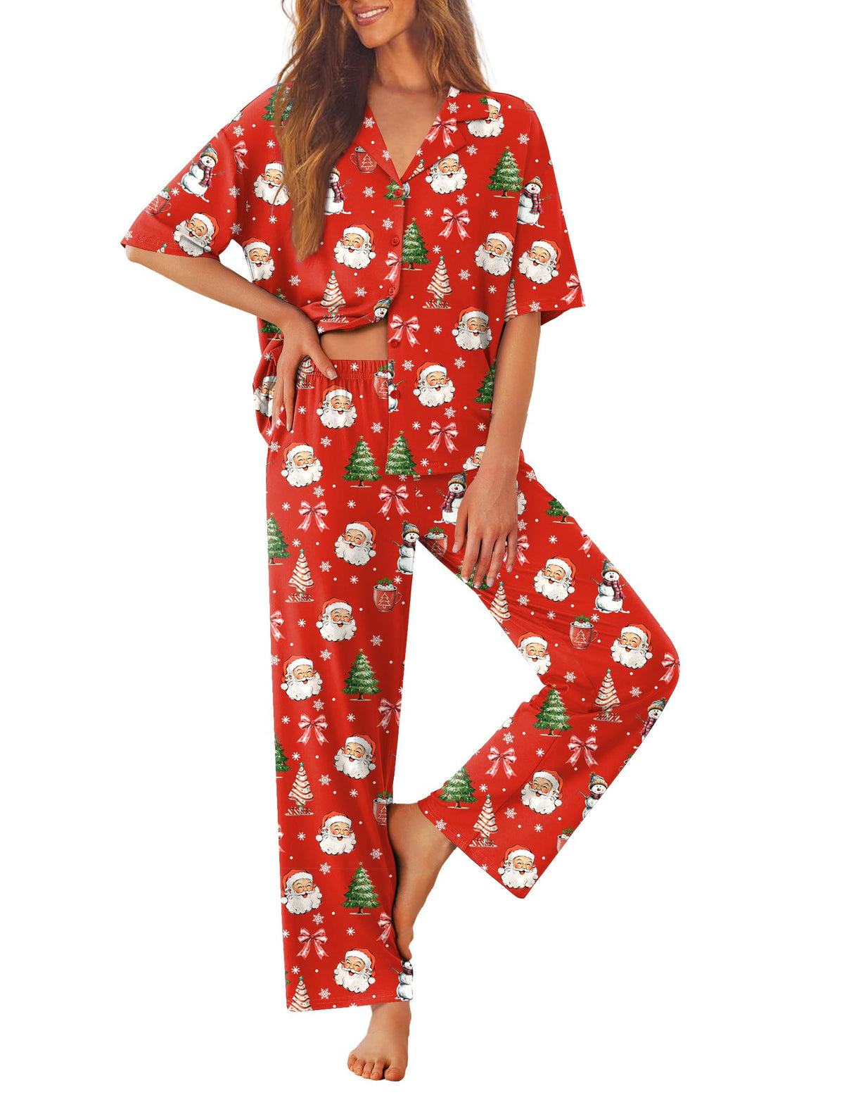 Ekouaer Women Pajamas Set Button Down Sleepwear Short Sleeve Pjs Long Pants