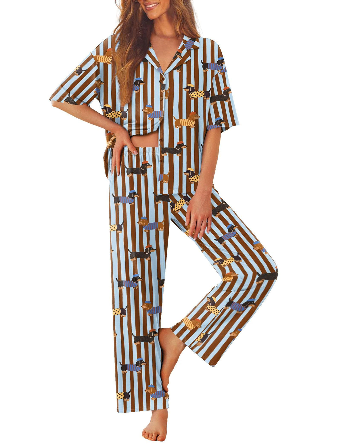 Ekouaer Women Pajamas Set Button Down Sleepwear Short Sleeve Pjs Long Pants