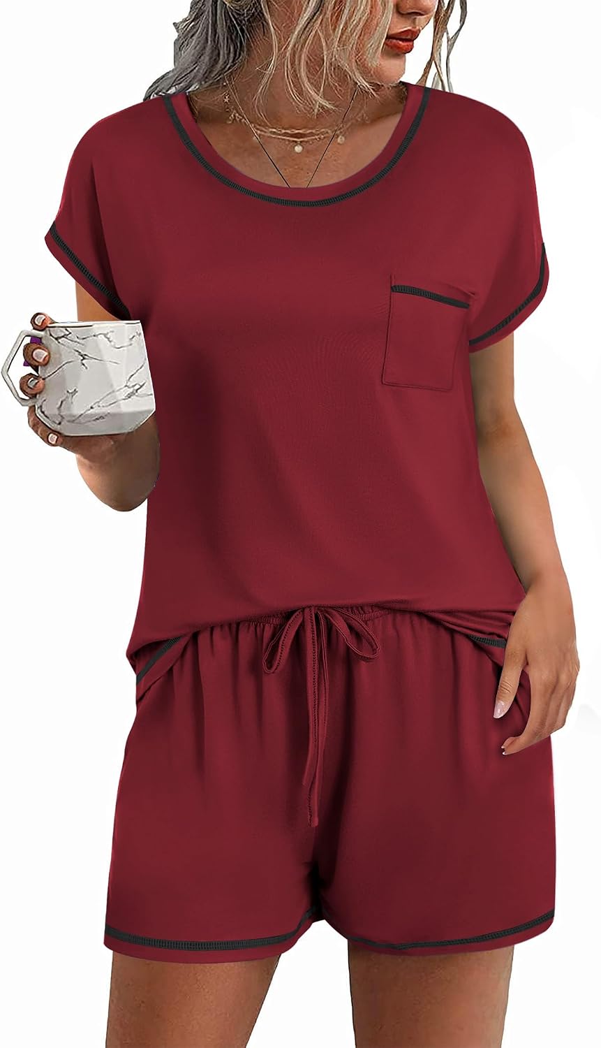 Ekouaer Womens Pajama Sets 2 Piece Pjs Short Sleeve Top and Shorts