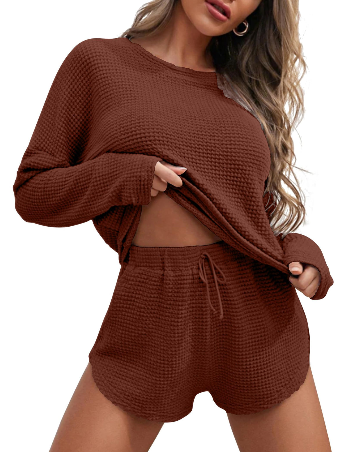 Ekouaer Womens Waffle Knit Pajama Sets Long Sleeve Top and Shorts Matching Lounge Set Loungewear Sweatsuit with Pockets
