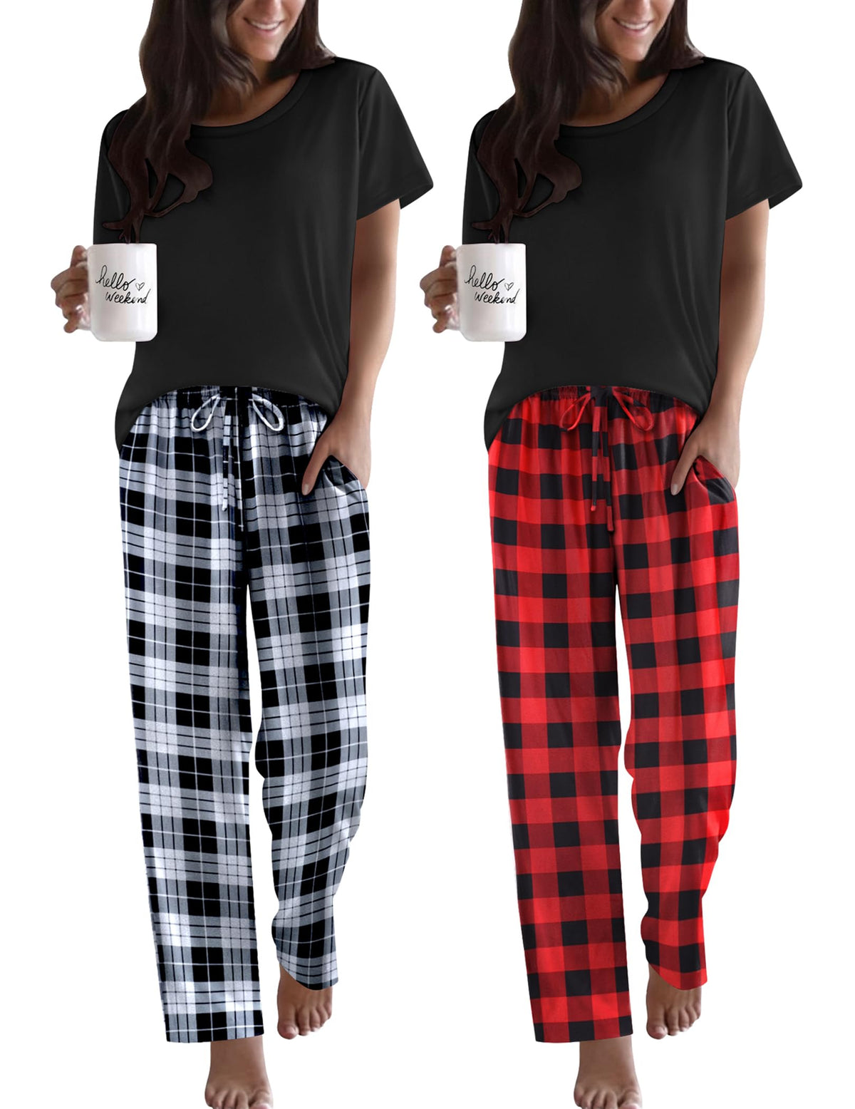 Ekouaer 2 Pack Womens Pajama Set Short Sleeve Top and Printed Pants Soft Pj