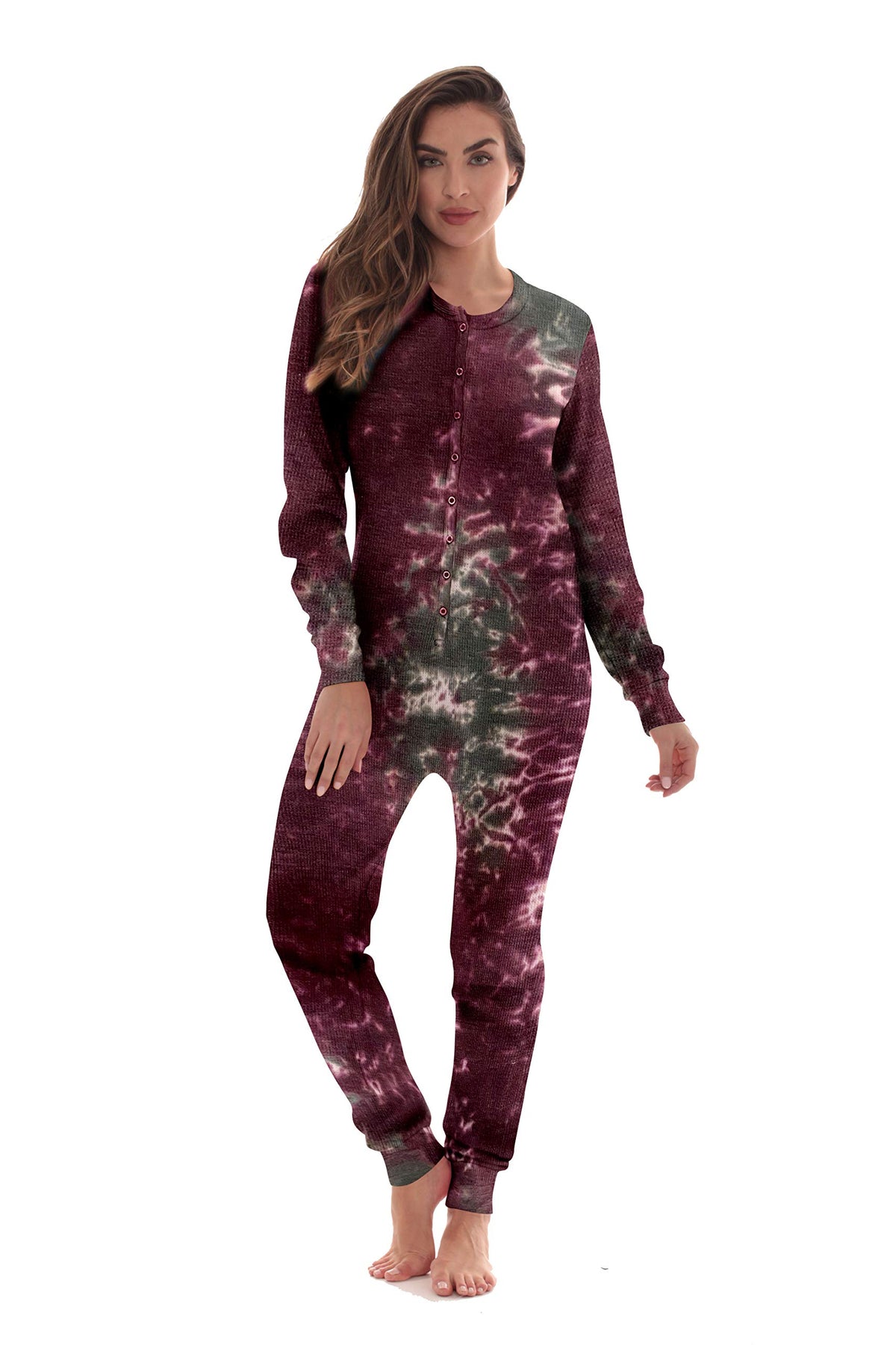 #followme Womens Henley Thermal Onesie Buffalo Plaid and Tie Dye