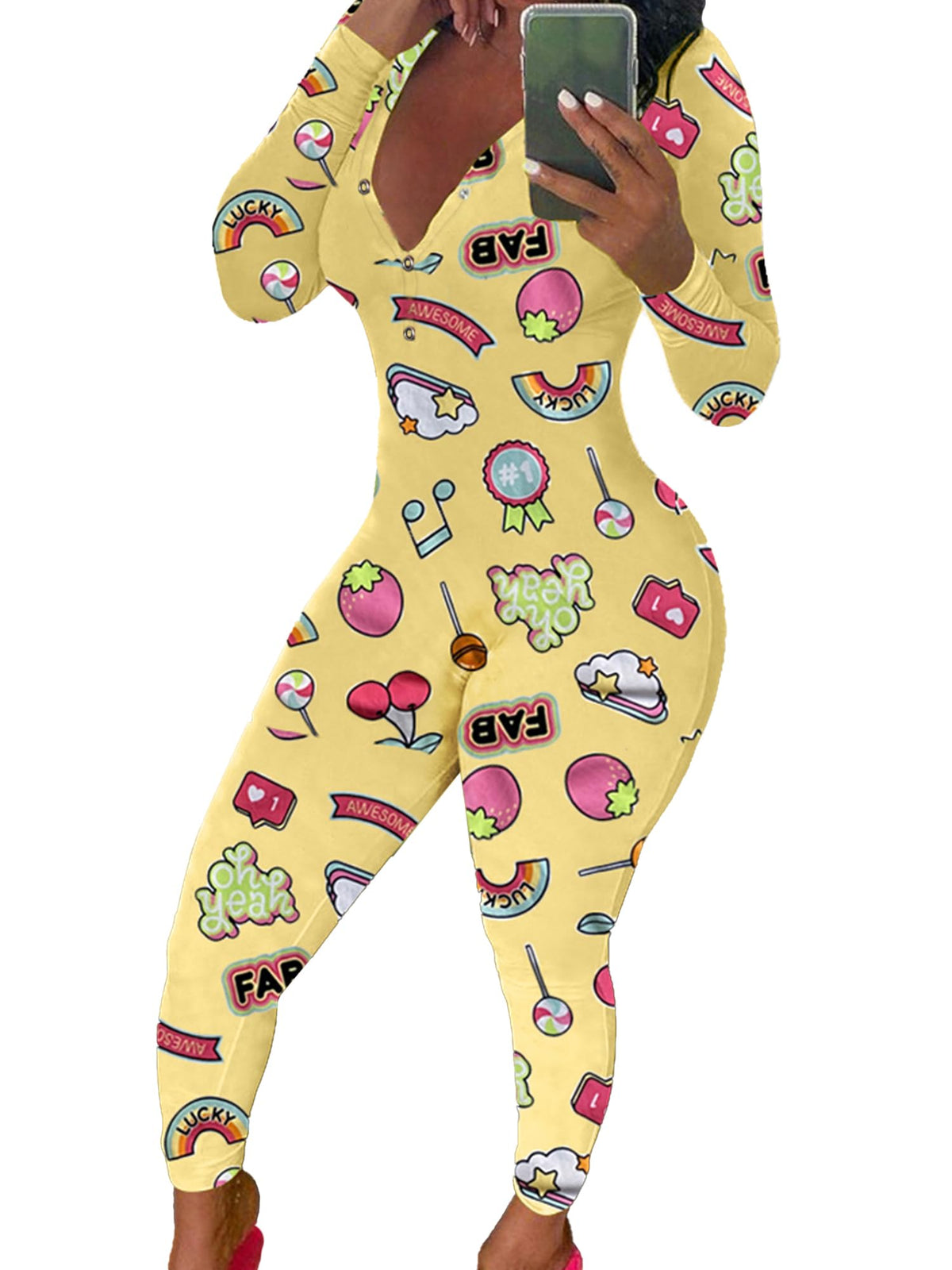 Womens Long Sleeve Button Down One Piece V Neck Bodycon Jumpsuit Pajamas