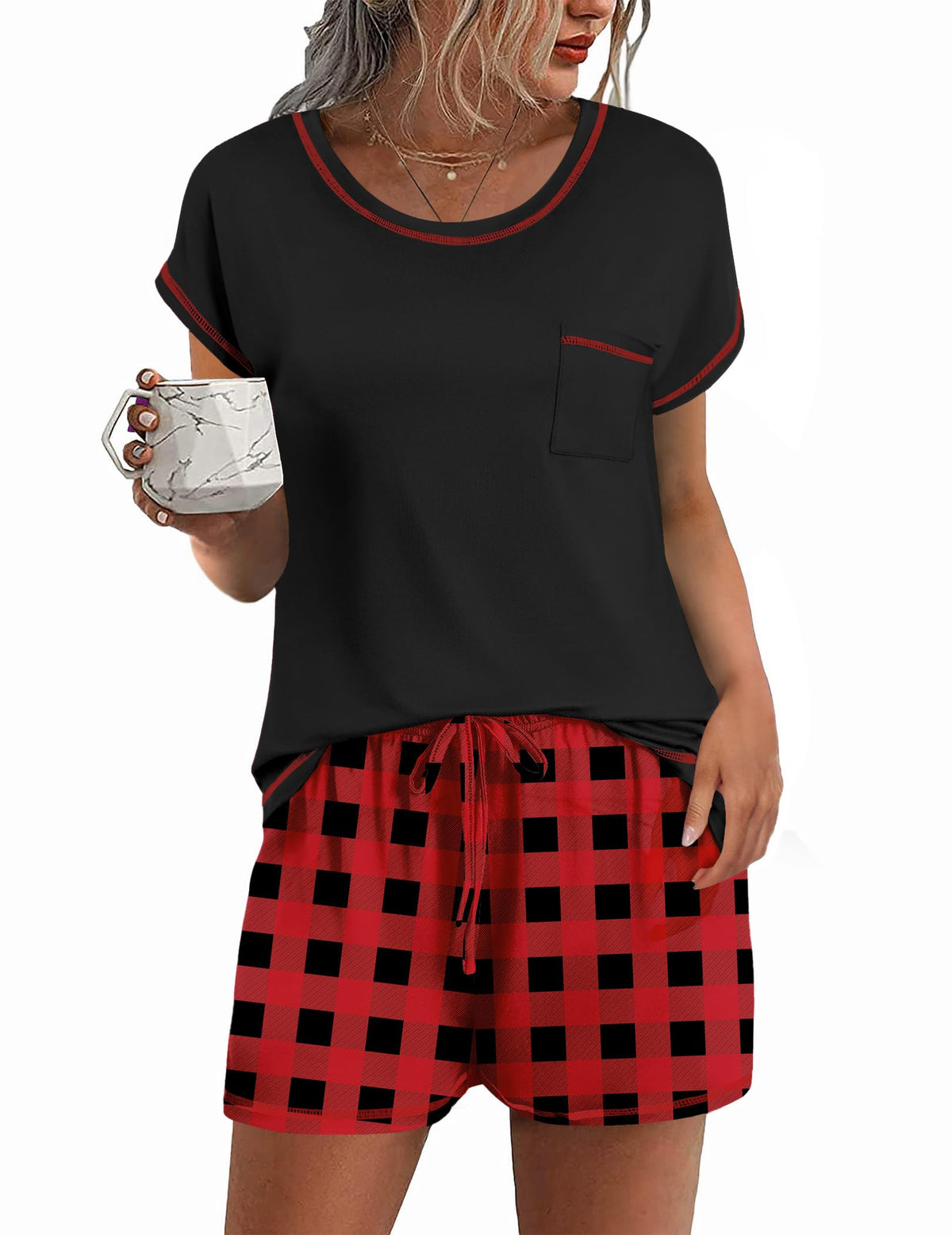 Ekouaer Womens Pajama Sets 2 Piece Pjs Short Sleeve Top and Shorts