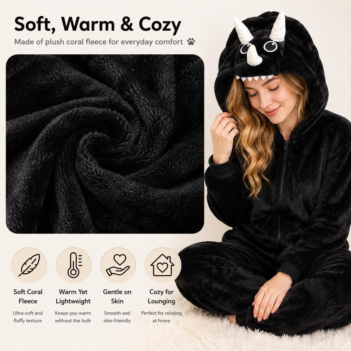 Adult Onesie, Animal Halloween Costume, Plush One Piece Pajamas with Hood