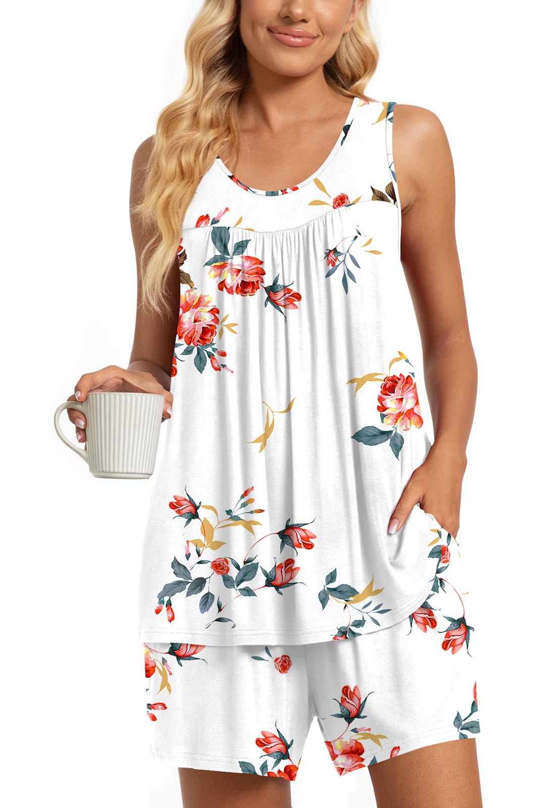 TAOHUADAO 2 Piece Women's Sleeveless Pajama Sets, Lounge Sleepwear Ladies Pjs Sets with Pockets