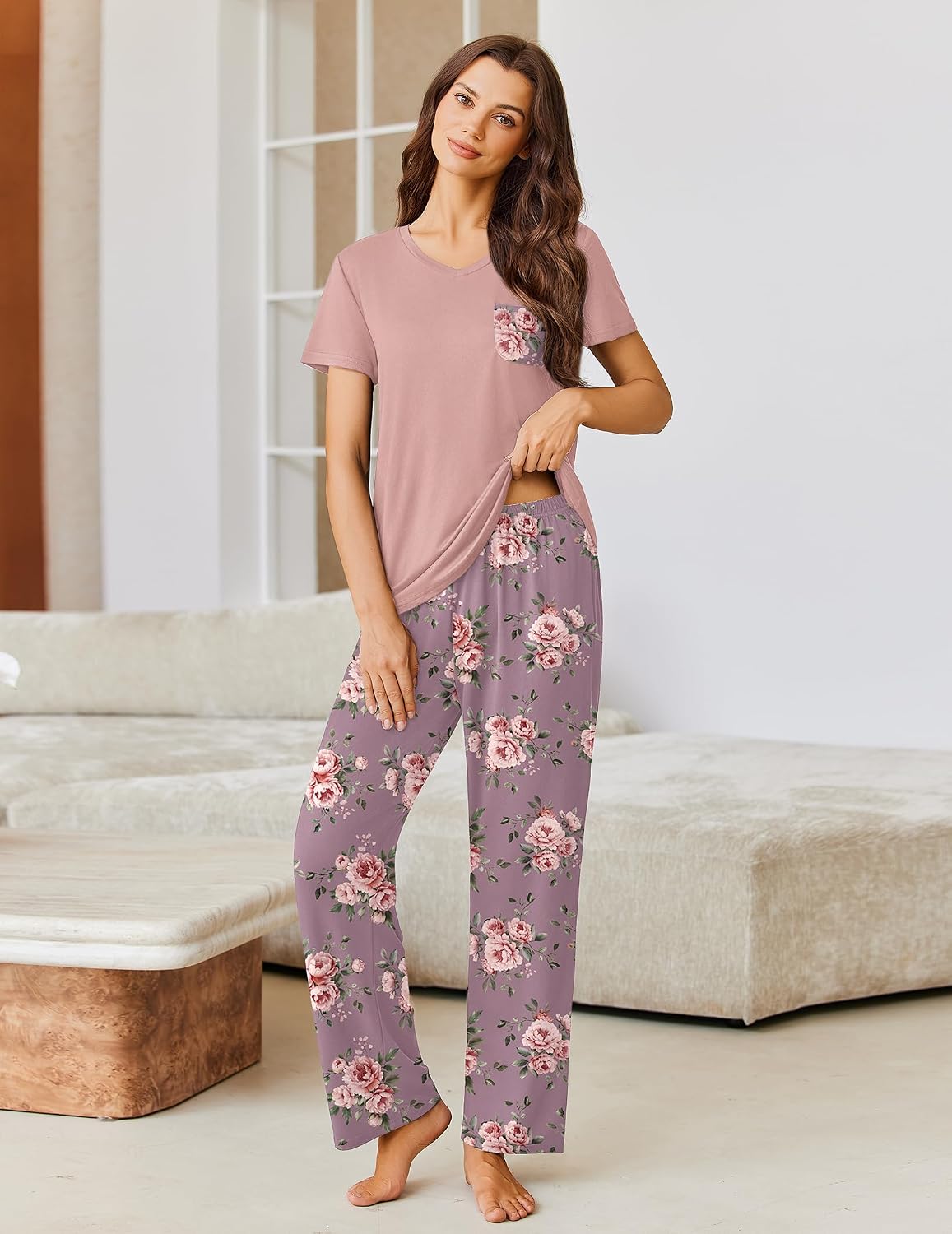 Ekouaer Pajama Sets for Women 2 Piece Short Sleeve Pj V Neck Chest Pocket