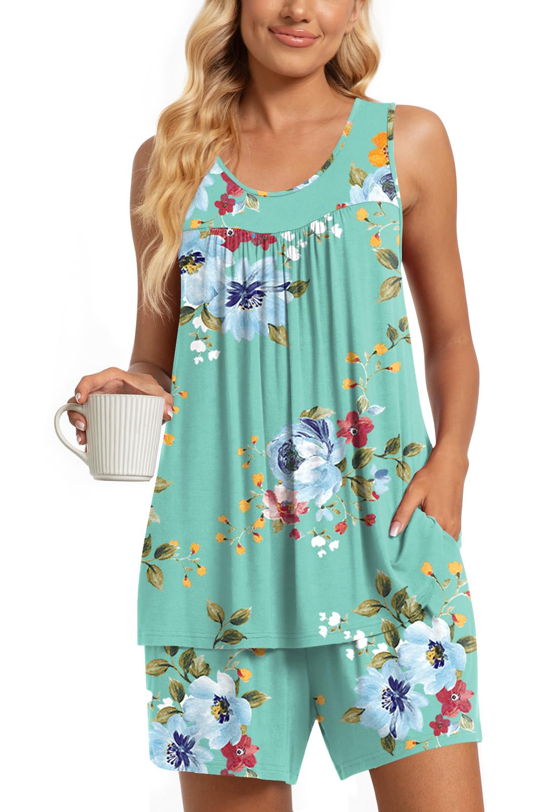 TAOHUADAO 2 Piece Women's Sleeveless Pajama Sets, Lounge Sleepwear Ladies Pjs Sets with Pockets