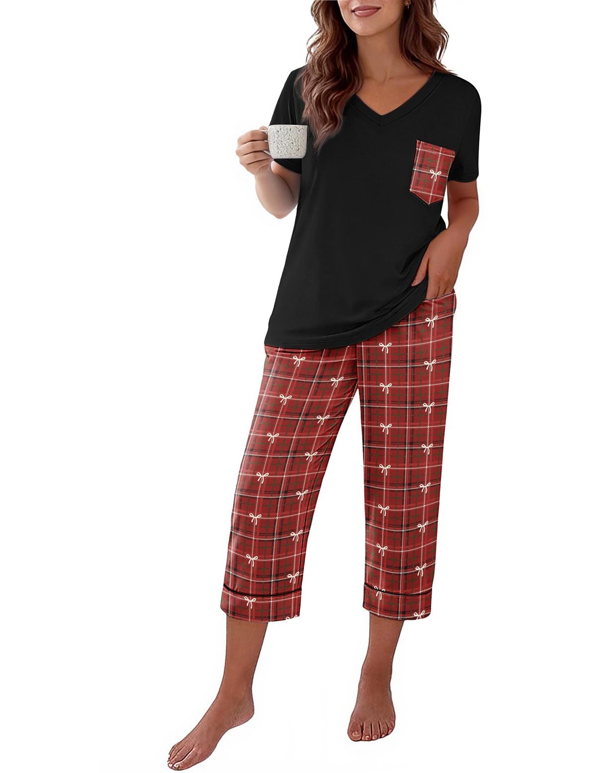 Ekouaer Cotton Pajamas for Women Set Short Sleeve Top and Capri Pants