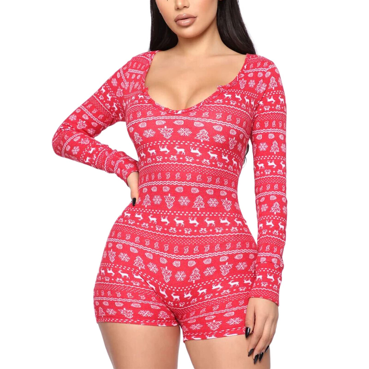 RUEWEY Women V-Neck Shorts Jumpsuit One Piece Bodysuit Pajama Long Sleeve Bodycon Rompers Overall