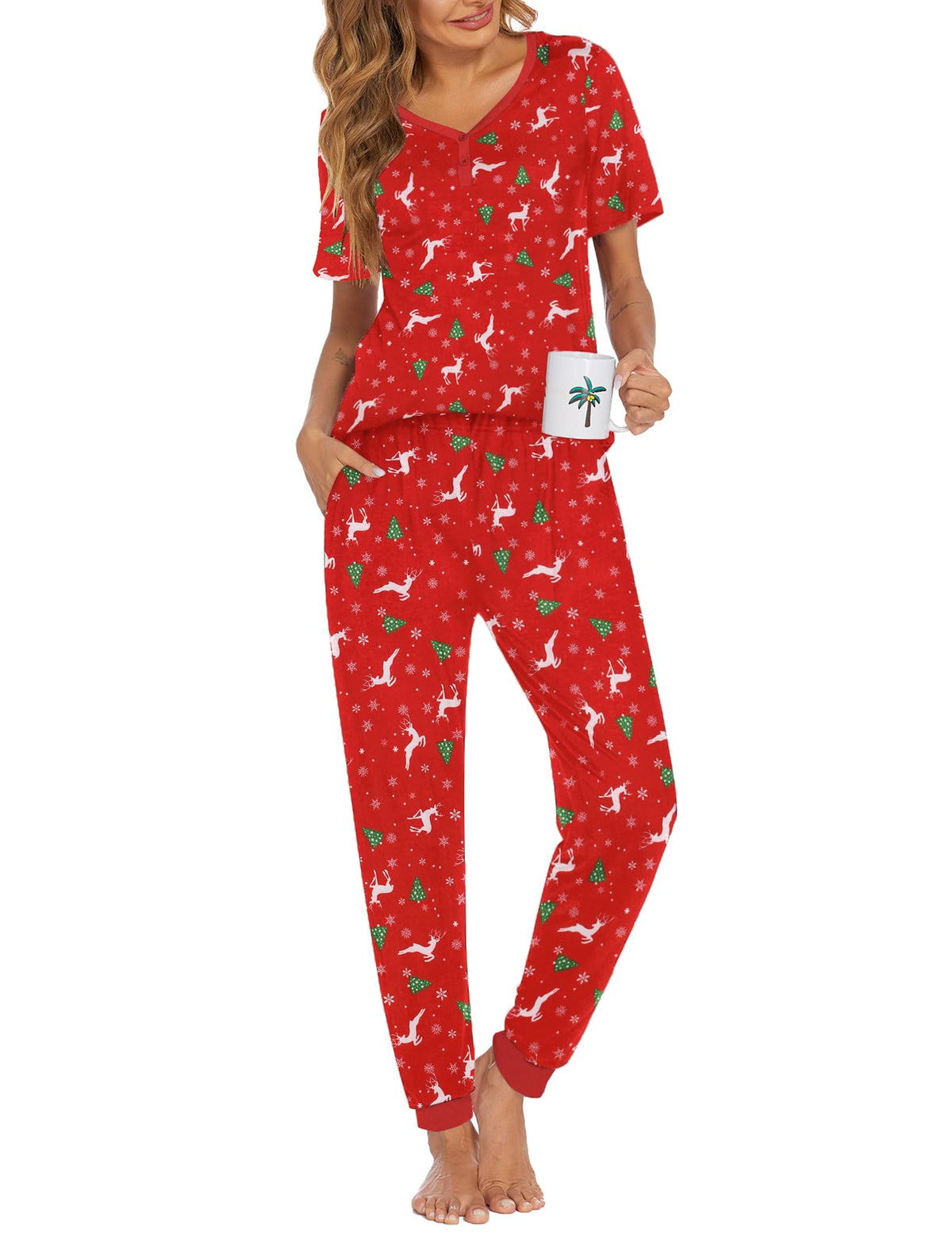 Ekouaer Pajamas for Women Set 2 Piece Short Sleeve Fall Pjs with Pockets