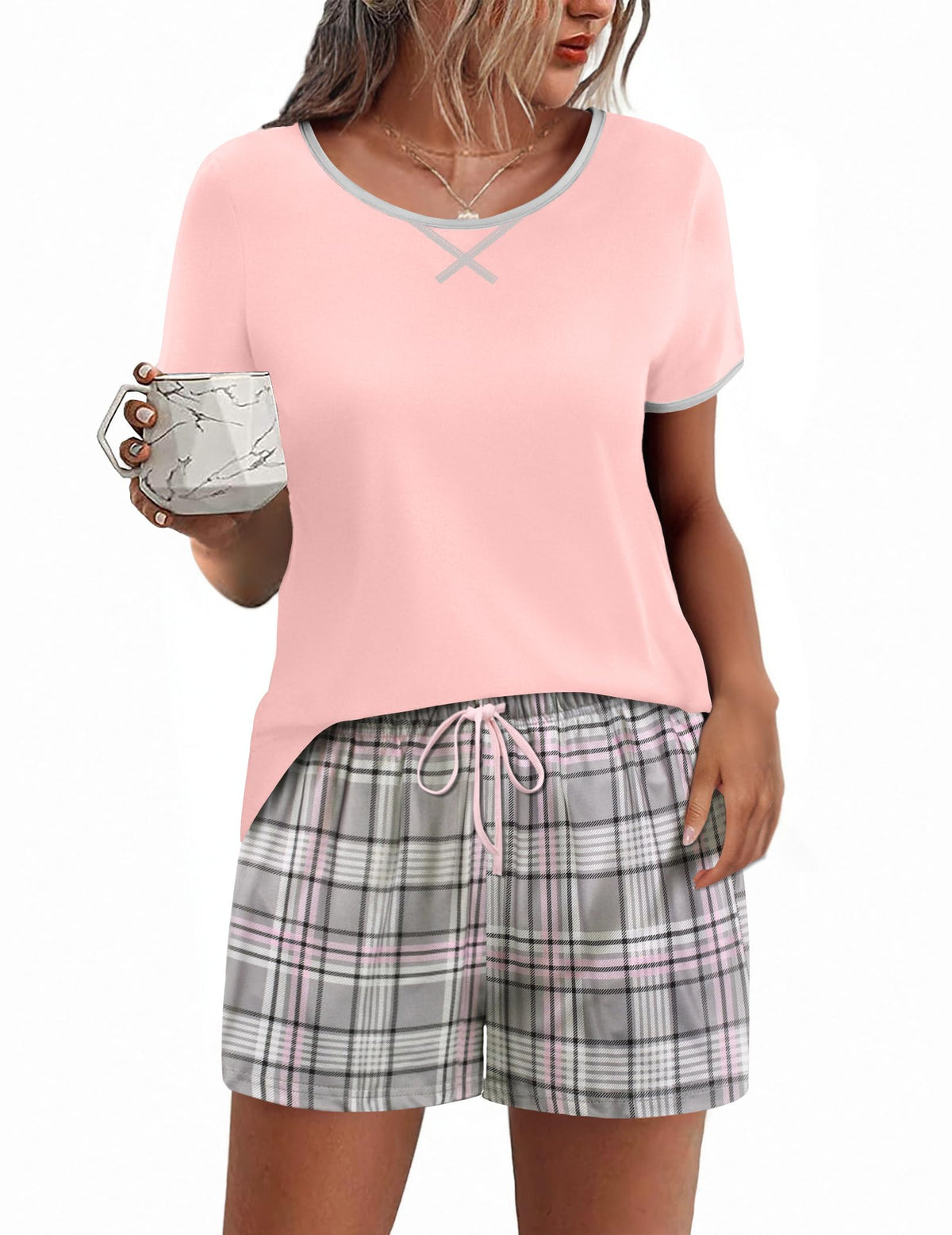 Ekouaer Women Pajama Set Casual Shorts Sets Short Leeve Lounge Set