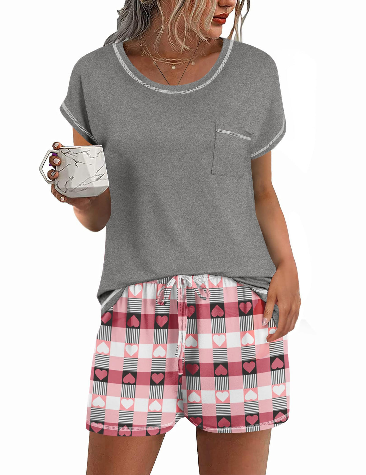 Ekouaer Womens Pajama Sets 2 Piece Pjs Short Sleeve Top and Shorts