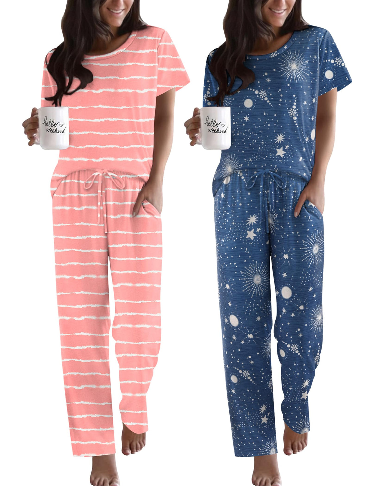 Ekouaer 2 Pack Womens Pajama Set Short Sleeve Top and Printed Pants Soft Pj