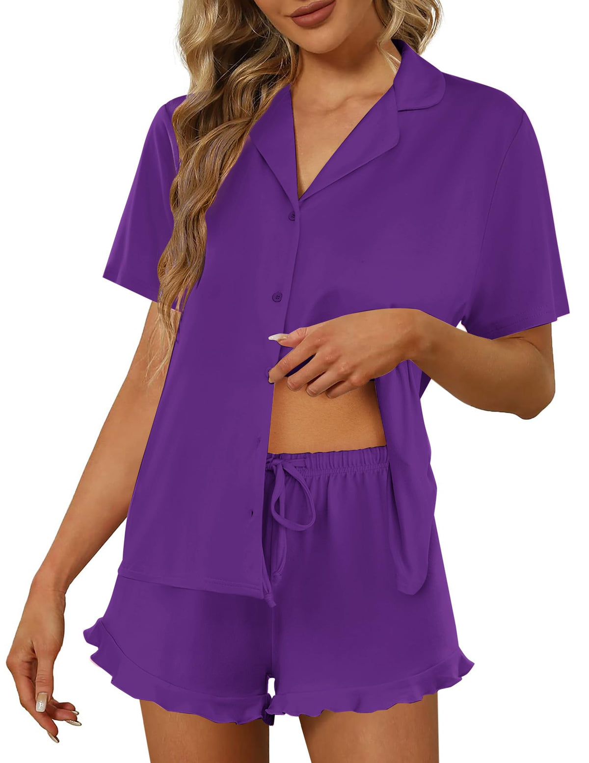 Ekouaer Pajamas Set for Women Short Sleeve Sleepwear Button Down Ruffle Pjs