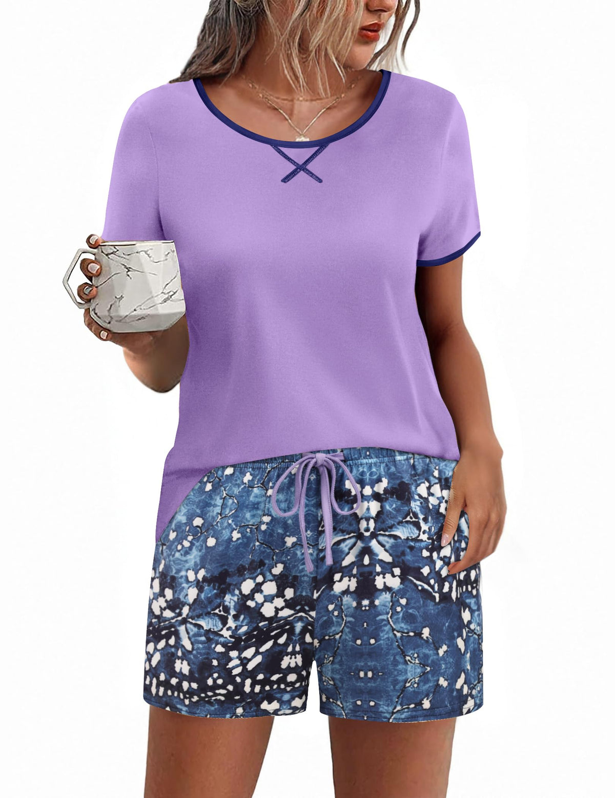 Ekouaer Women Pajama Set Casual Shorts Sets Short Leeve Lounge Set