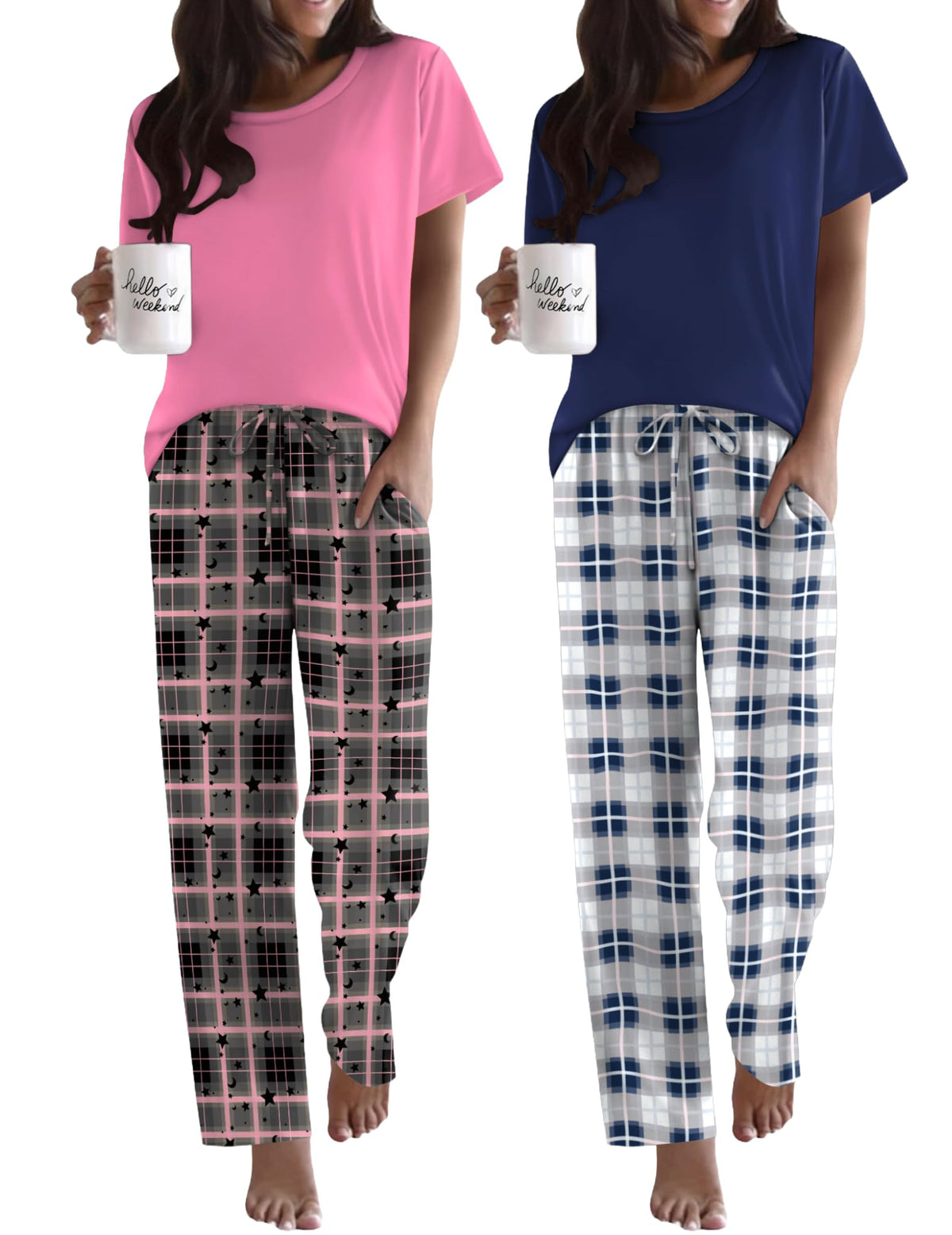 Ekouaer 2 Pack Womens Pajama Set Short Sleeve Top and Printed Pants Soft Pj
