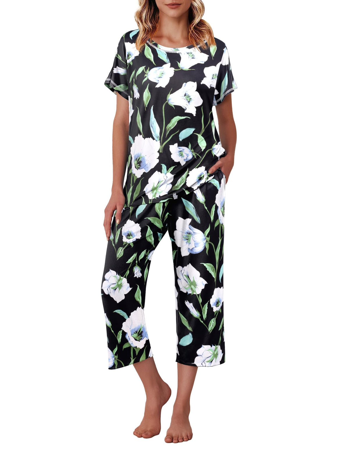 Ekouaer Womens Capri Pajama Sets Print Short Sleeve Sleepwear Top and Pants