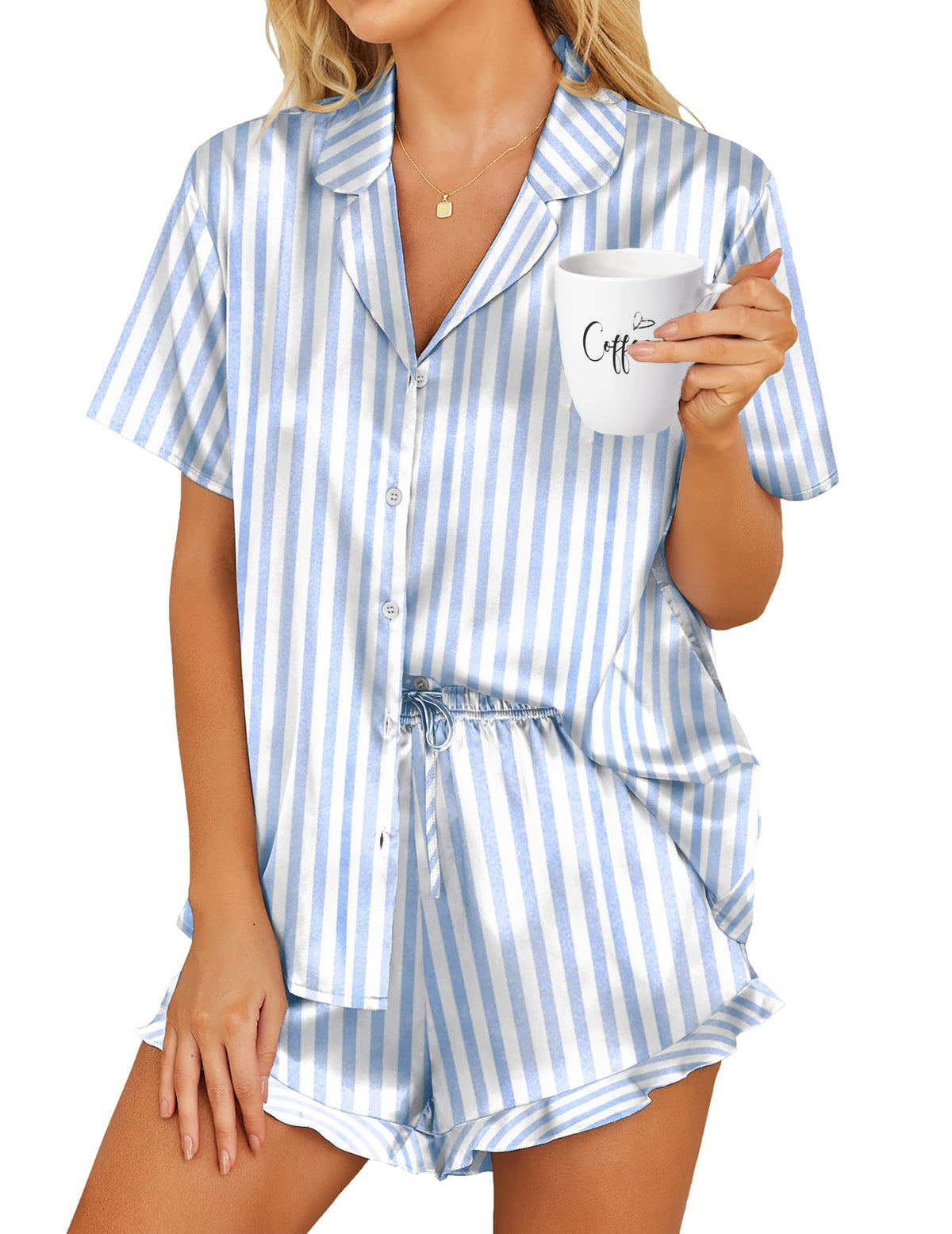 HOTOUCH Womens Satin Pajamas Set Button Down 2 Piece Ruffle Shorts Set
