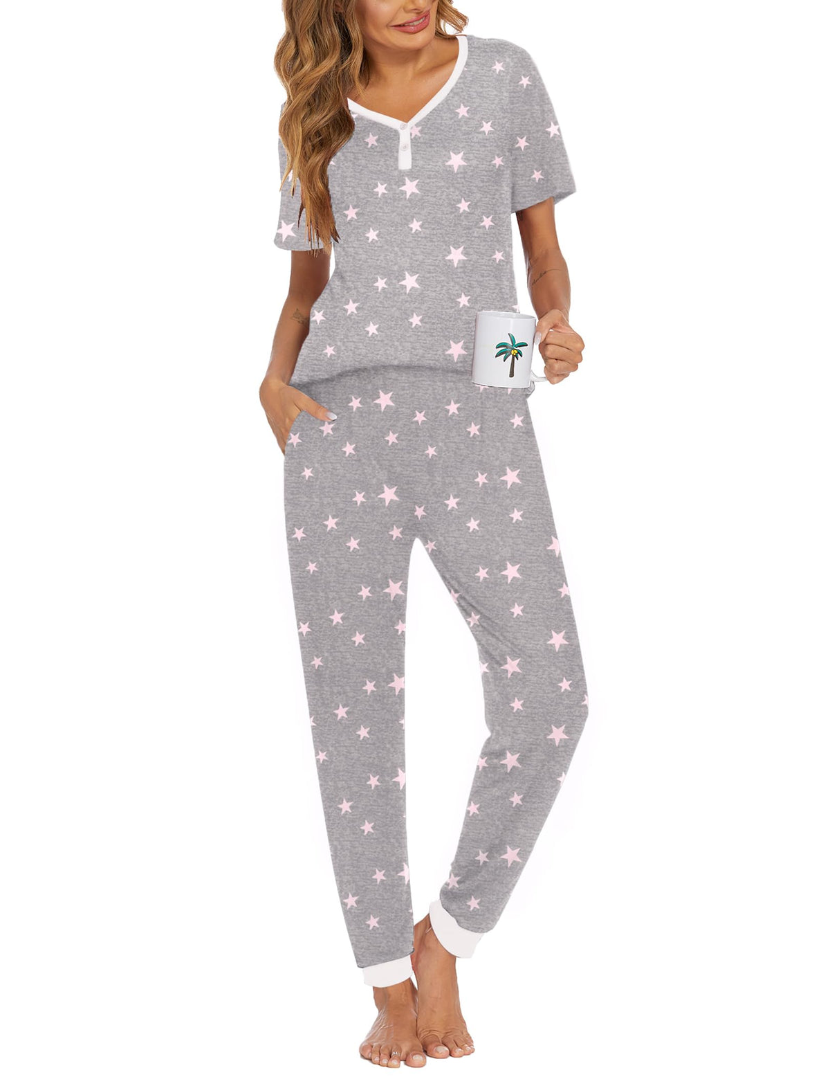 Ekouaer Pajamas for Women Set 2 Piece Short Sleeve Fall Pjs with Pockets