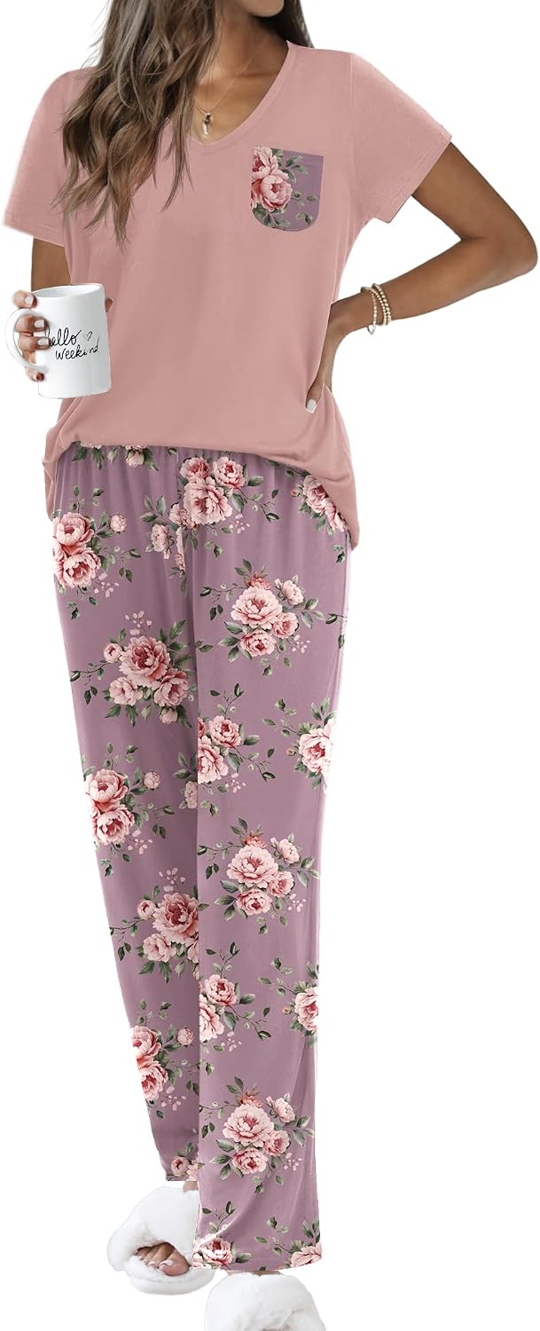 Ekouaer Pajama Sets for Women 2 Piece Short Sleeve Pj V Neck Chest Pocket