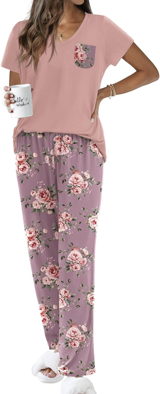 Ekouaer Pajama Sets for Women 2 Piece Short Sleeve Pj V Neck Chest Pocket
