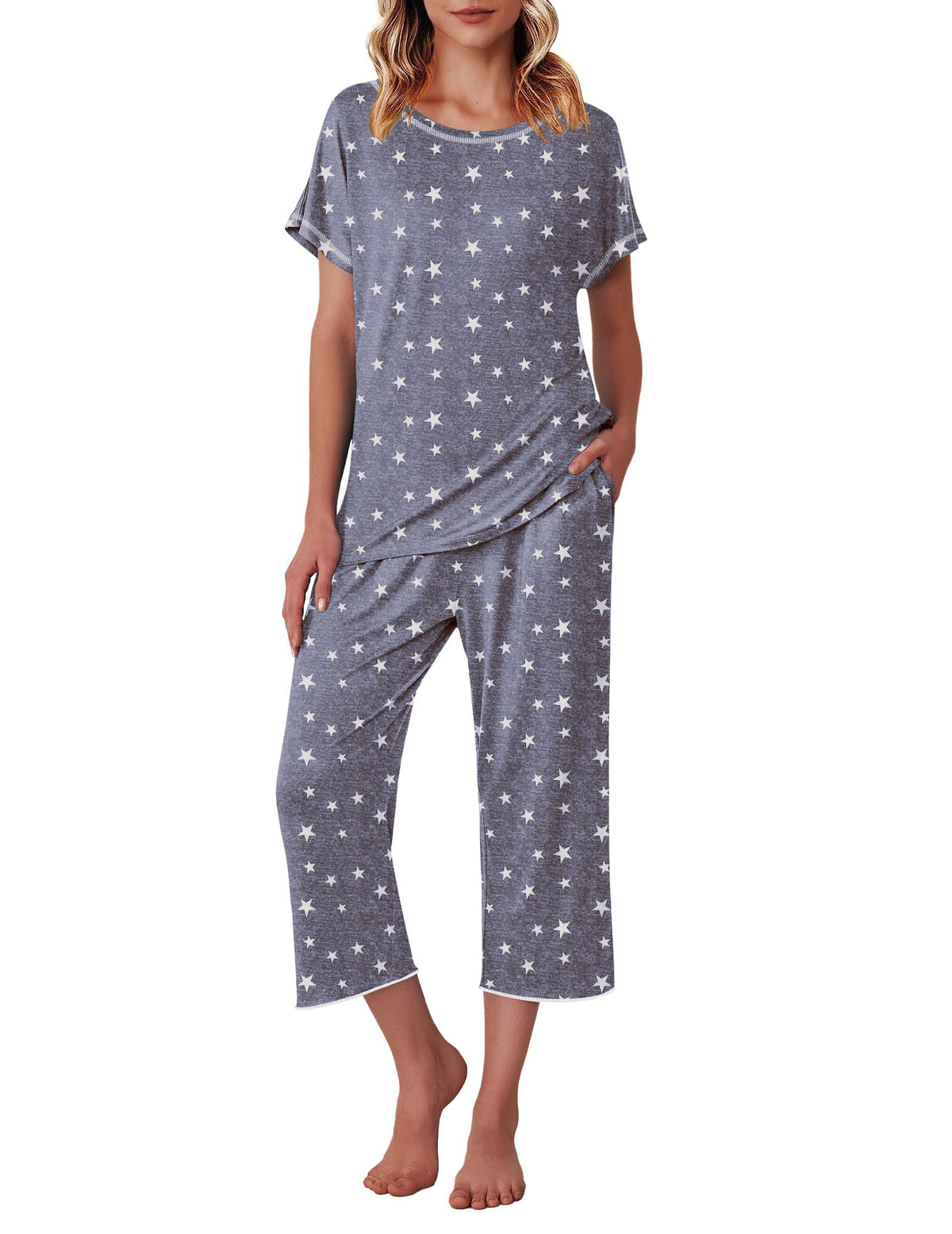 Ekouaer Womens Capri Pajama Sets Print Short Sleeve Sleepwear Top and Pants
