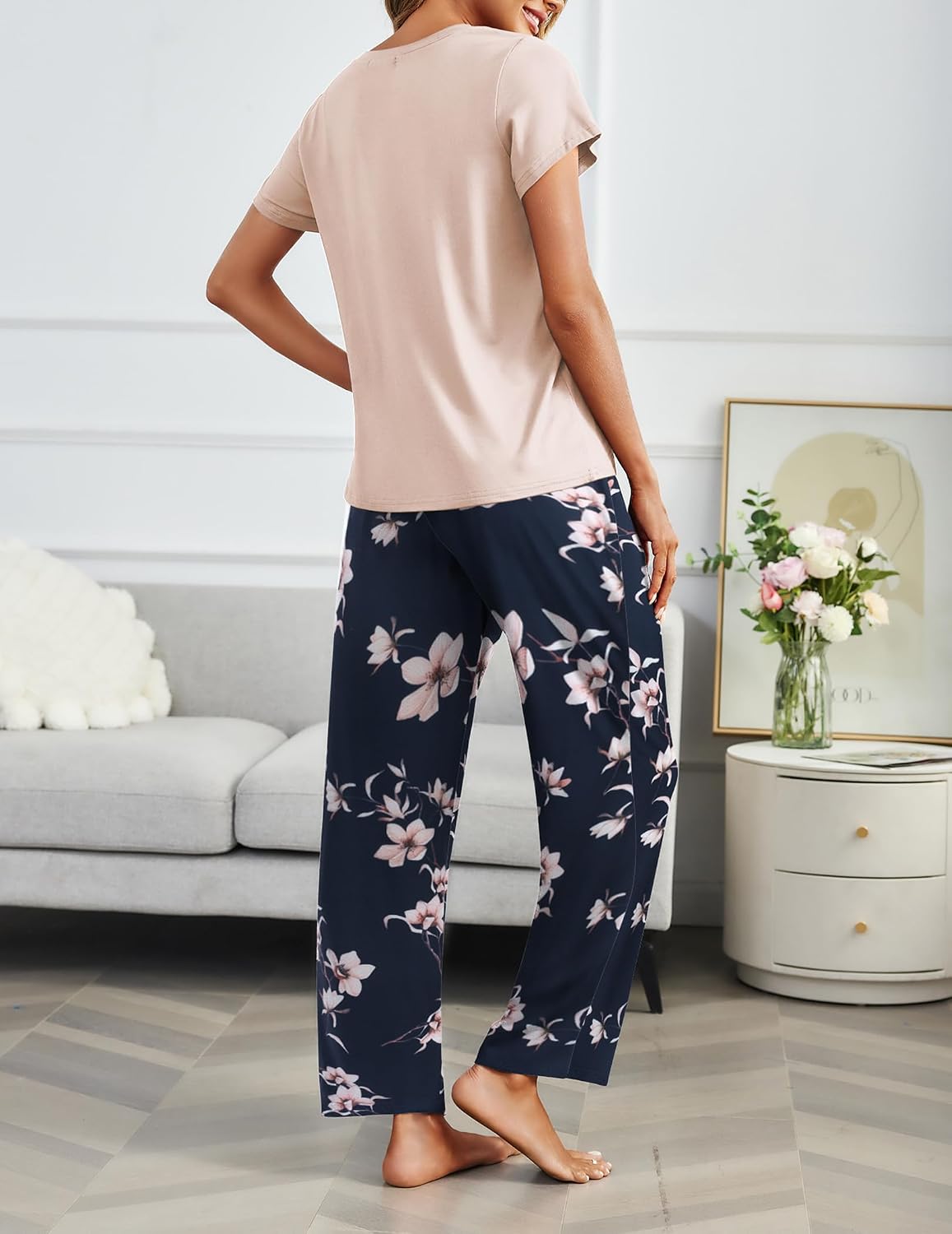 Ekouaer 2 Pack Womens Pajama Set Short Sleeve Top and Printed Pants Soft Pj