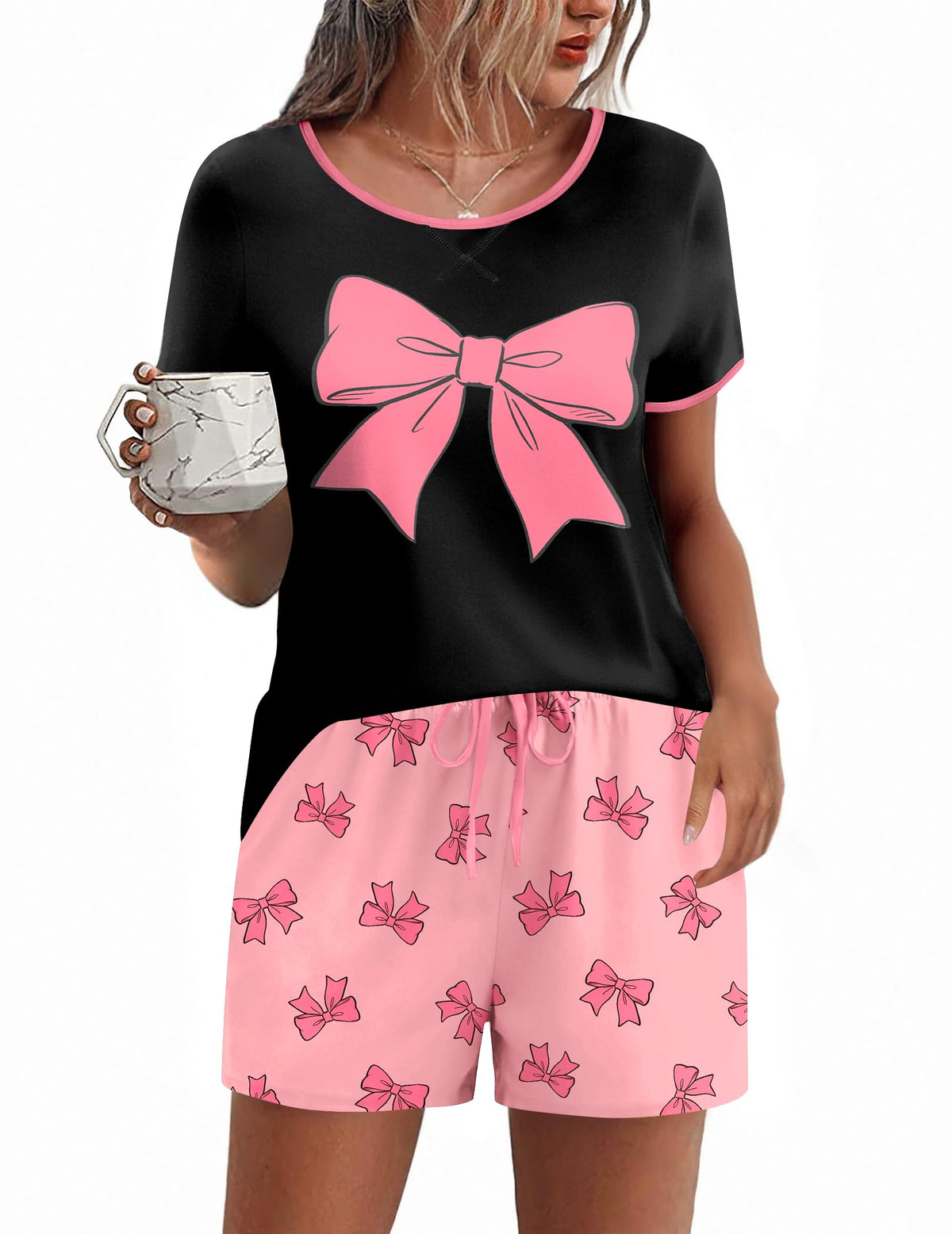 Ekouaer Women Pajama Set Casual Shorts Sets Short Leeve Lounge Set