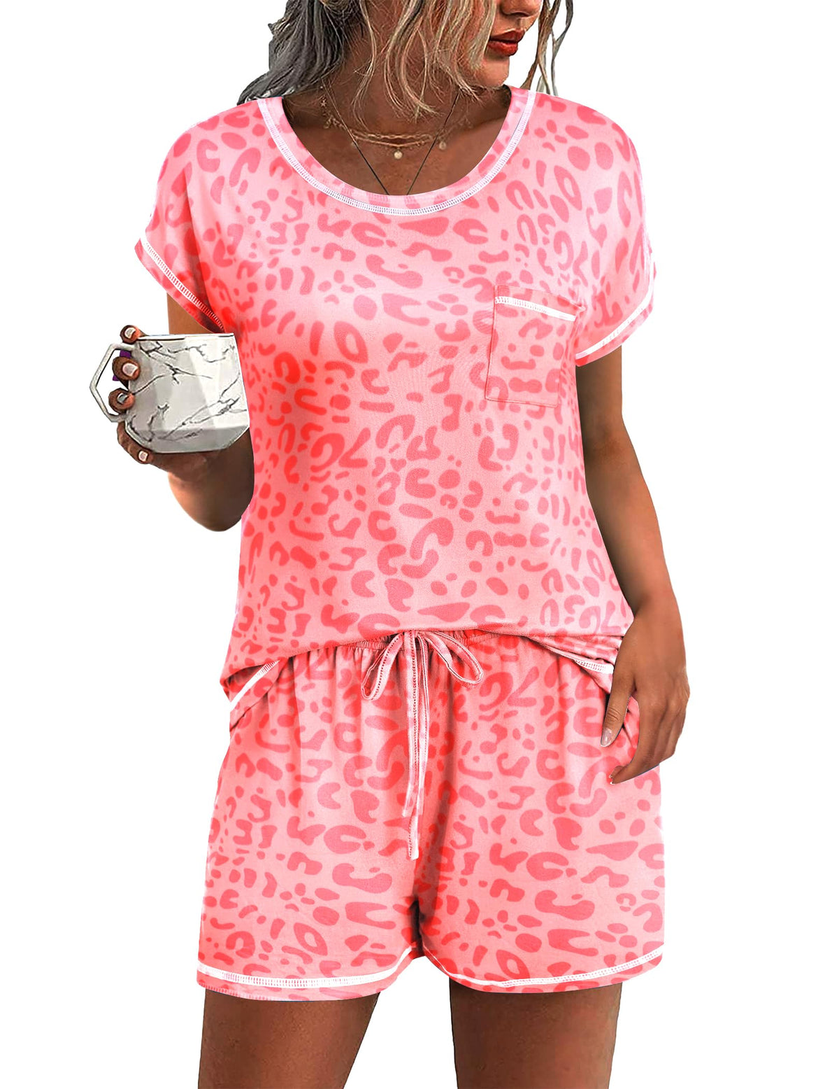 Ekouaer Womens Pajama Sets 2 Piece Pjs Short Sleeve Top and Shorts